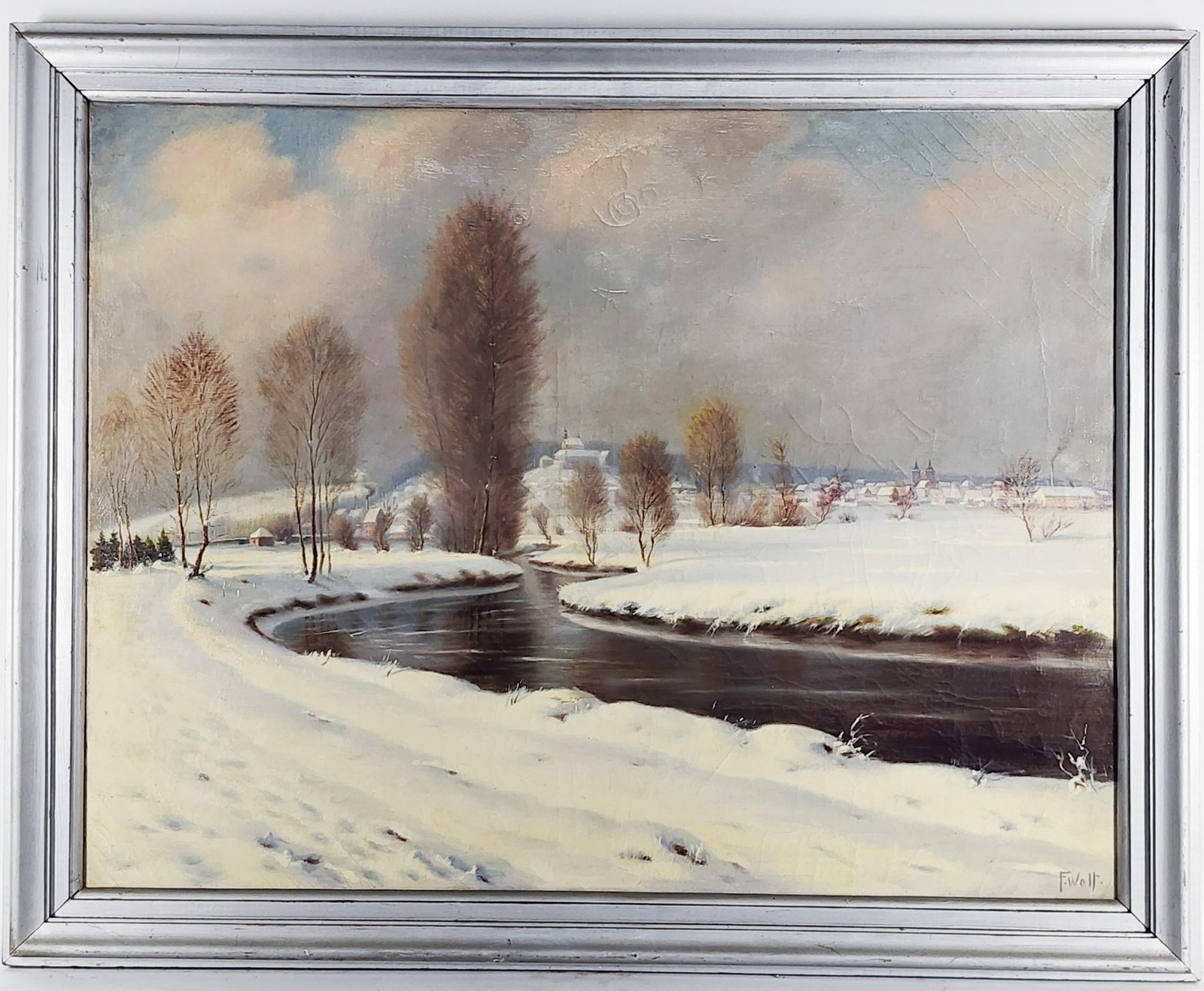 F. Wolf (Early 20th Century) Winter River Landscape, Signed F. Wolf lower right, Oil on canvas, 33": F. Wolf (Early 20th Century) Winter River Landscape, Signed F. Wolf lower right, Oil on canvas, 33" x 43 1/4", Framed-39" x 49", has visible scattered crazing.