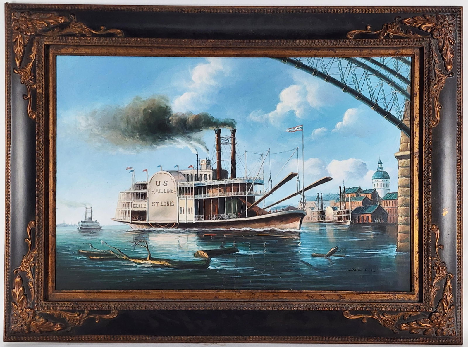 A Large 20th Century Oil on Canvas Painting, St. Louis Paddlewheel Boat, Signed John Cox, 24" x 36",: A Large 20th Century Oil on Canvas Painting, St. Louis Paddlewheel Boat, Signed John Cox, 24" x 36", Framed-33 3/4" x 45 3/4"
