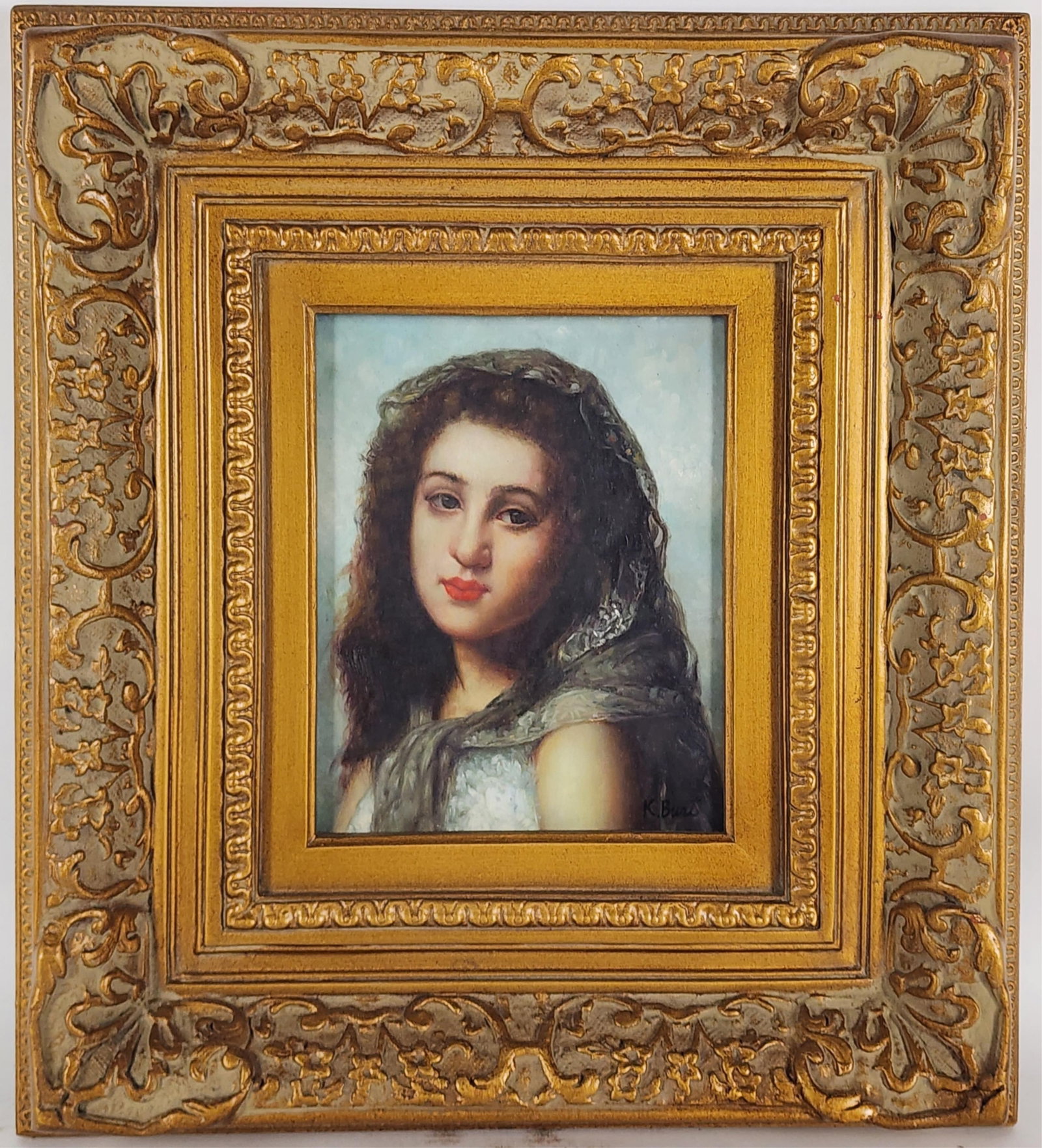 A 20th Century Oil on Canvas Painting, Portrait of Young Woman, Signed K. Burt, Oil on panel, 10" x (1 of 5)