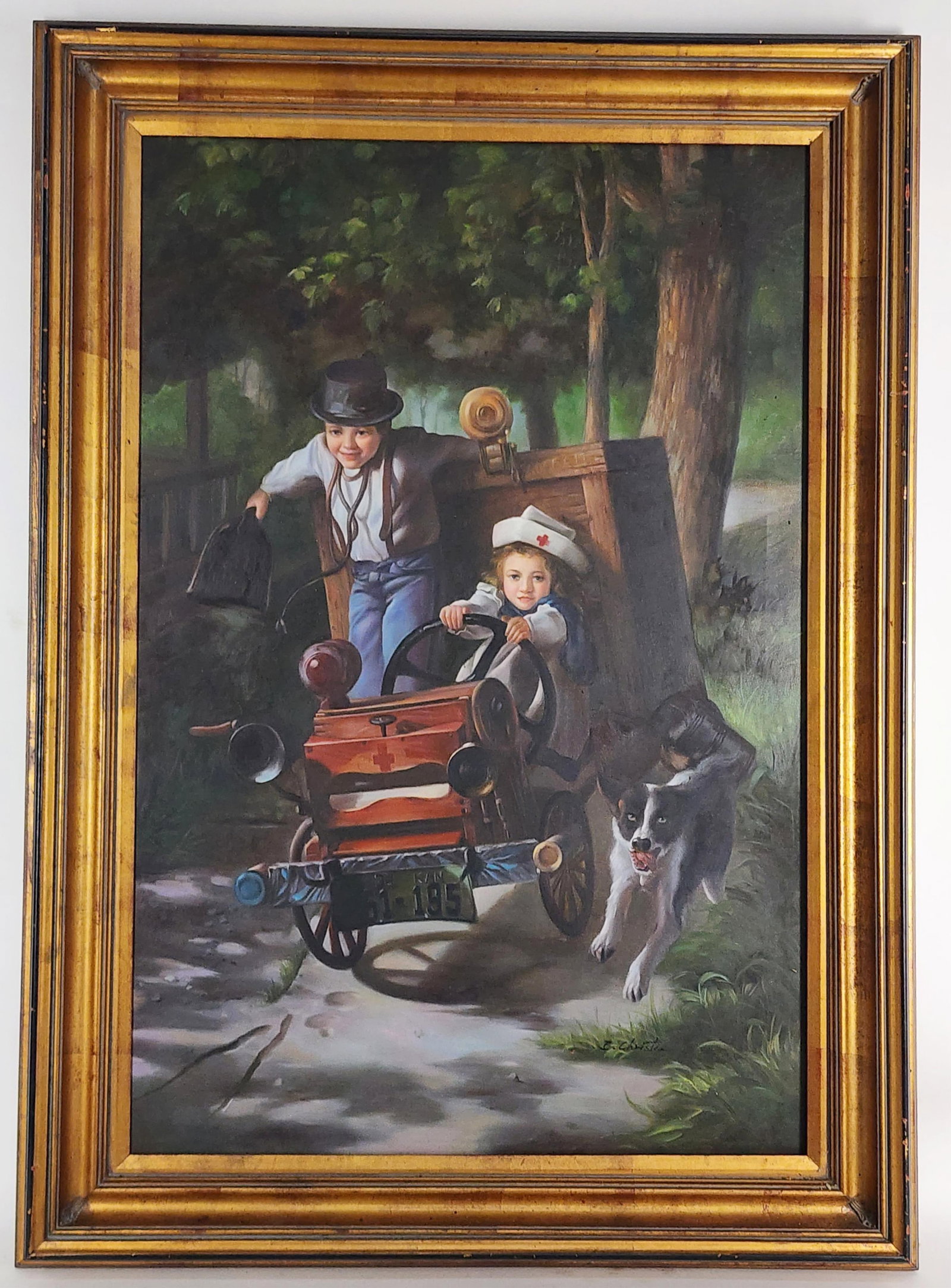 A 20th Century Oil on Canvas Painting, Children and Dog Playing,. Signed B. Christie, 36" x 24",: A 20th Century Oil on Canvas Painting, Children and Dog Playing,. Signed B. Christie, 36" x 24", Framed-43" x 31"