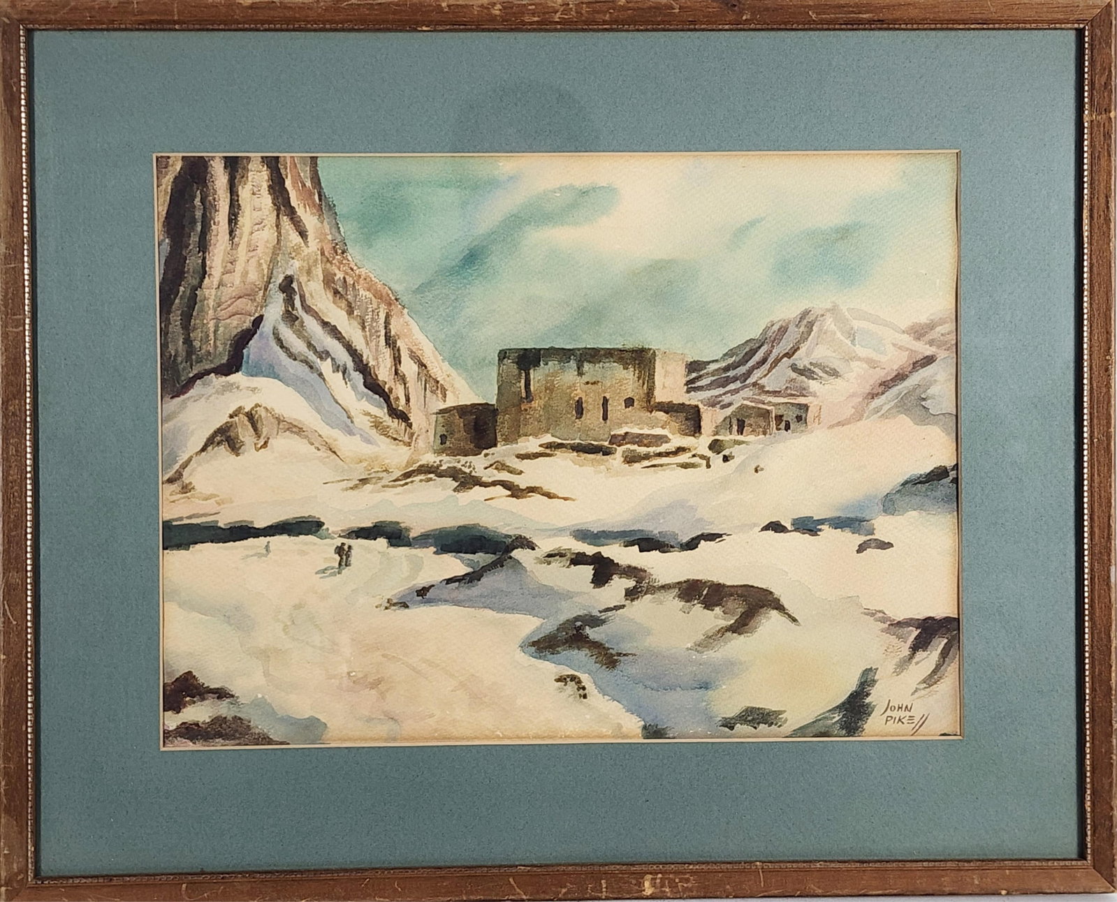 John Pike (American/Massachusetts, 1911–1979) Desert Landscape with Adobe, Signed John Pike: John Pike (American/Massachusetts, 1911–1979) Desert Landscape with Adobe, Signed John Pike lower right, Watercolor on paper, 11" x 15", Framed-17" x 21"