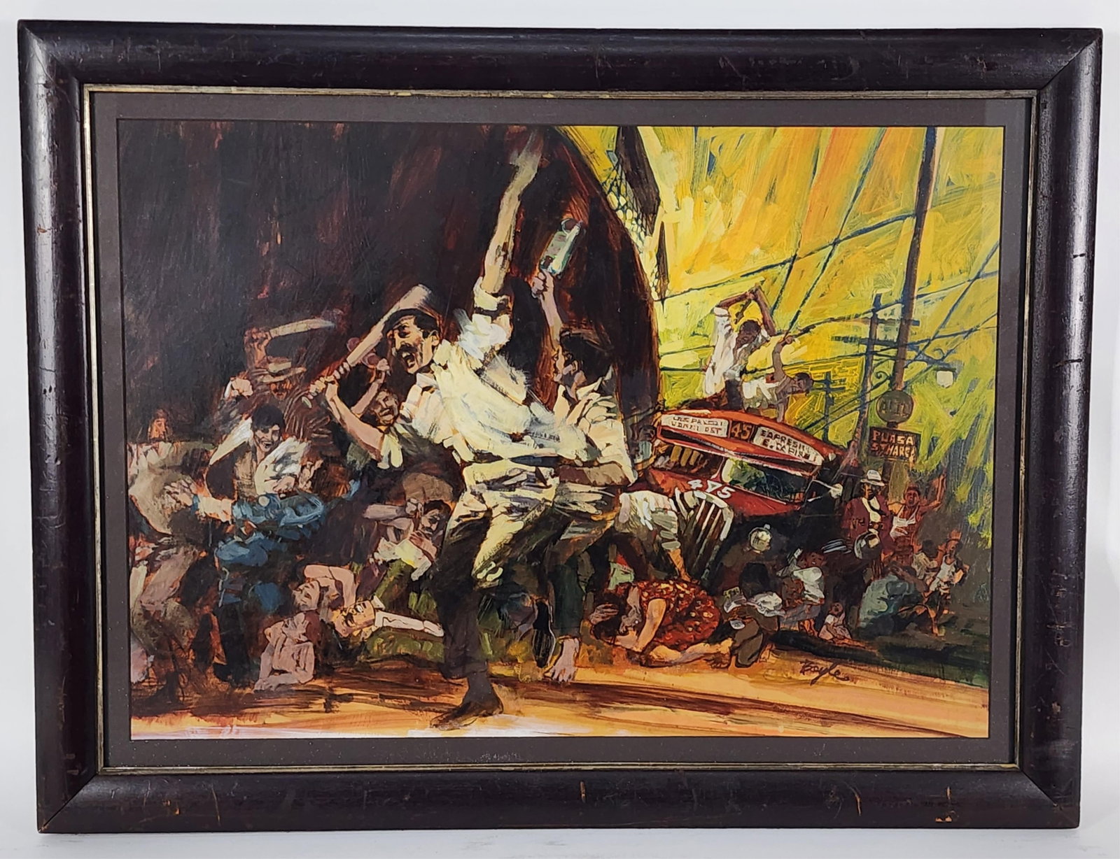 James Neil Boyle (American, 1931-2006) Riot/Revolution Street Scene Illustration, Signed Boyle lower: James Neil Boyle (American, 1931-2006) Riot/Revolution Street Scene Illustration, Signed Boyle lower right, Gouache on Paper,Sight-14 1/2" x 21 1/2", Framed-19" x 25"
