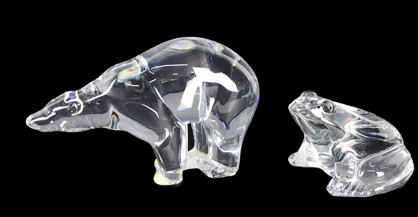 Two Baccarat Crystal Colorless Glass Figures to include a Polar Bear and Frog, marked underside, (1 of 2)