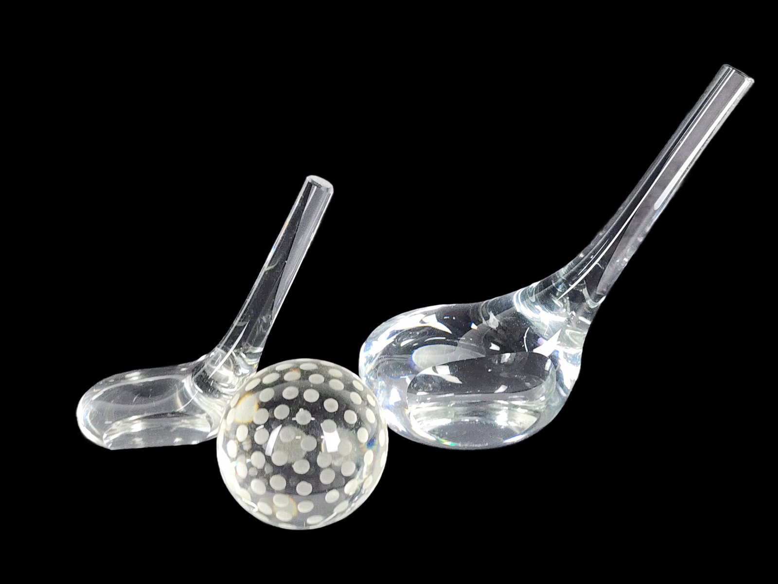 Group of Three Tiffany & Co. Colorless Glass Golfing Desk Objects to include Two Driver Heads and a (1 of 2)