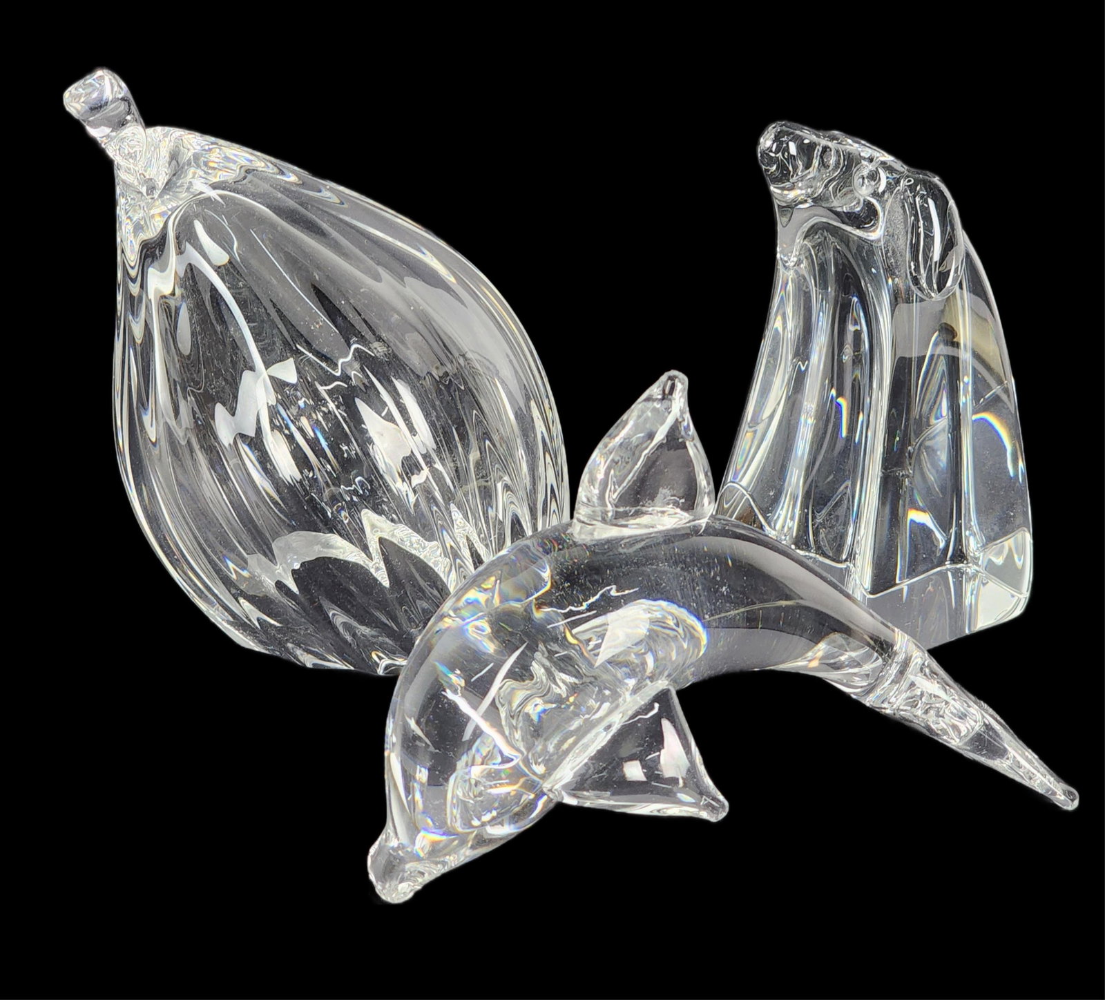 Three Steuben Crystal Colorless Glass Figures to include: Dog, Dolphin, Rooster, all marked (1 of 3)