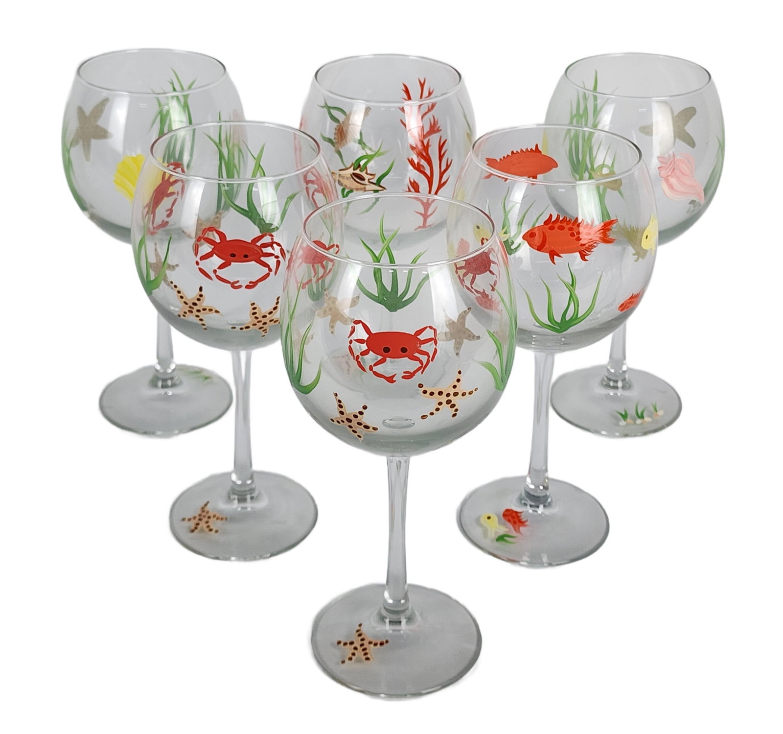 Six Hand Decorated Stemmed Wine Glasses, decorated with Sea Life, 8 1/2" h., Purchased from Mary (1 of 3)