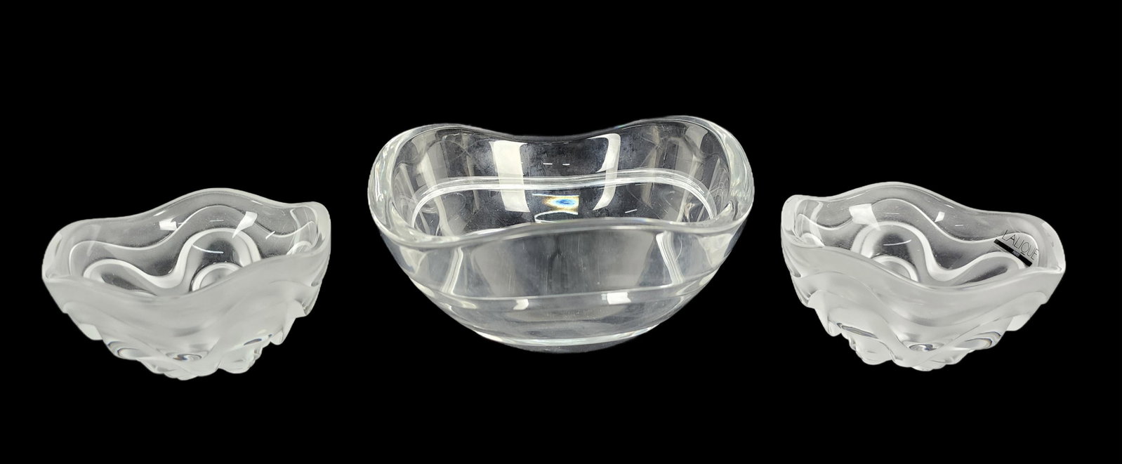 Two French Lalique Crystal Bowls, marked, 2" h. 4" w. (1 of 3)