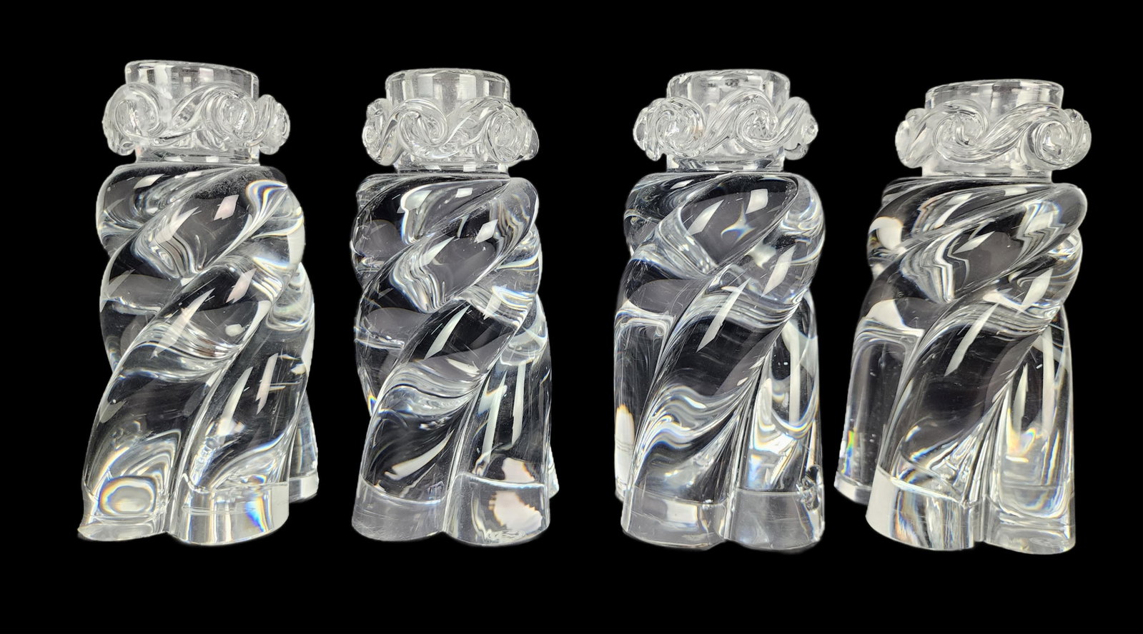 Set of Four Baccarat Colorless Glass Candleholders, marked underside, 6" h. 2 1/2" w., two with (1 of 3)