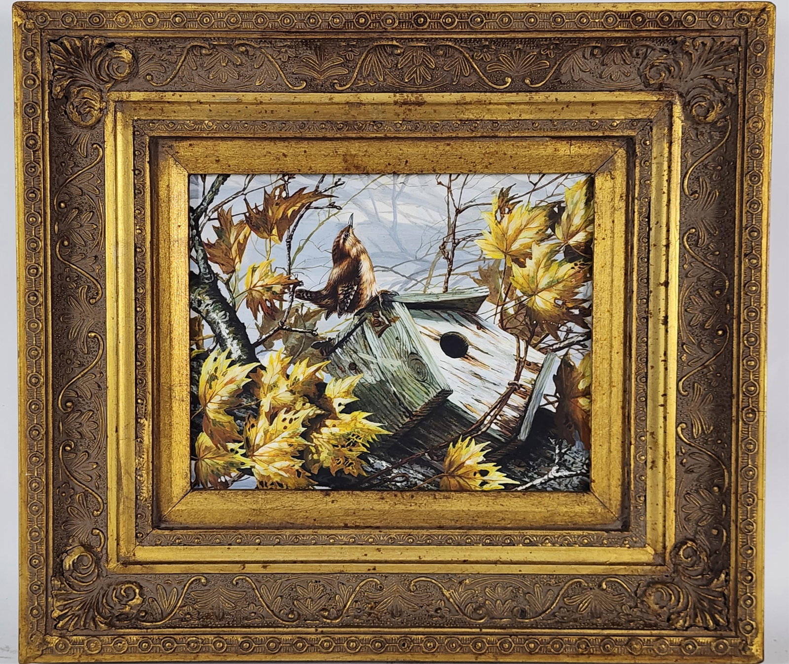 A 20th Century Oil on Panel Painting, Bird and Bird House, 8" x 10", Framed-15" x 17" (1 of 4)