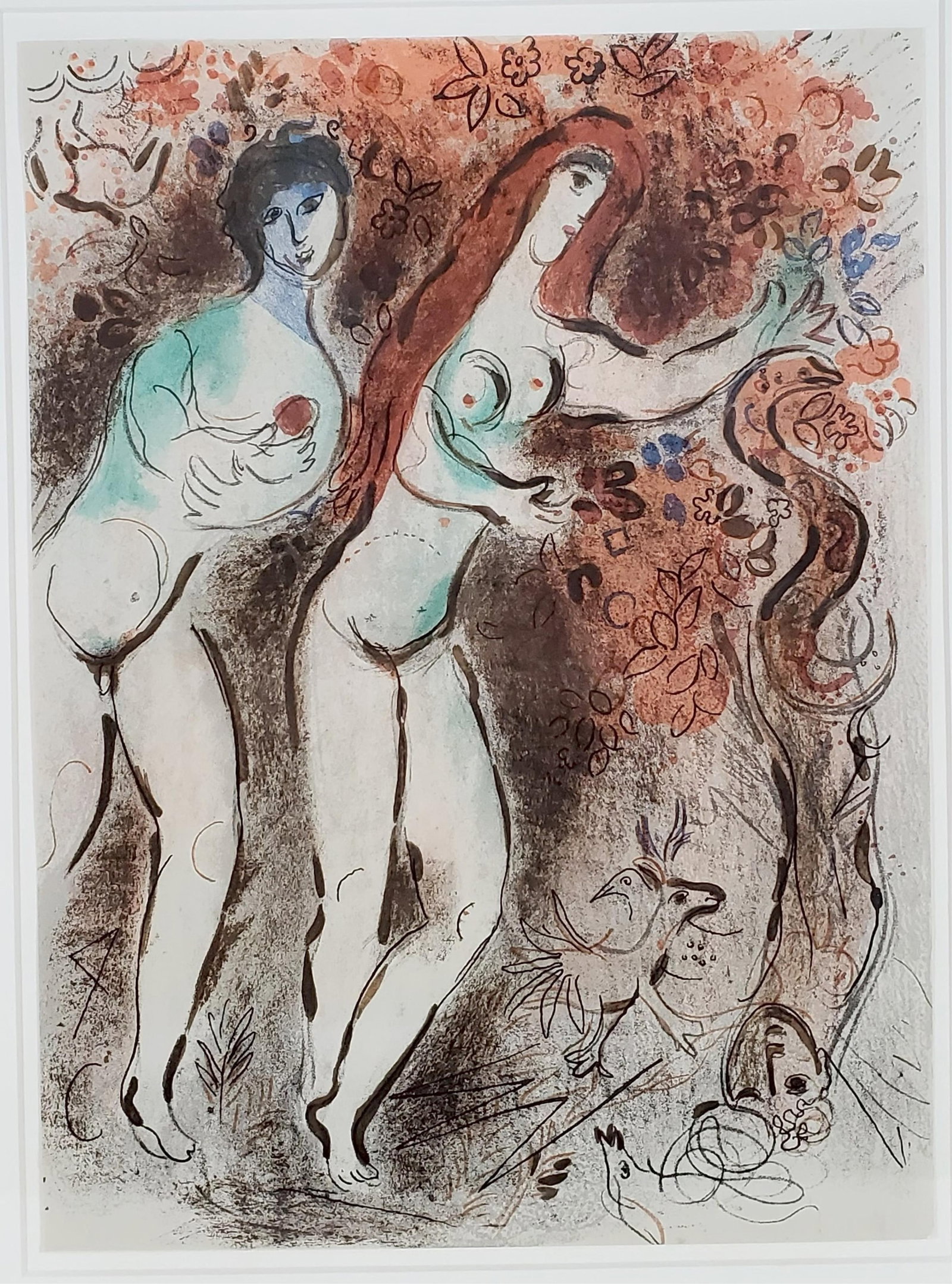 Marc Chagall (French, 1887-1985) Adam and Eve and the Forbidden Fruit, Color Lithograph, c.1960 from: Marc Chagall (French, 1887-1985) Adam and Eve and the Forbidden Fruit, Color Lithograph, c.1960 from the Bible series for Verve, Published by Teriade, Printed by Mourlot, Paris, M.235, Sheet-13 3/4" x