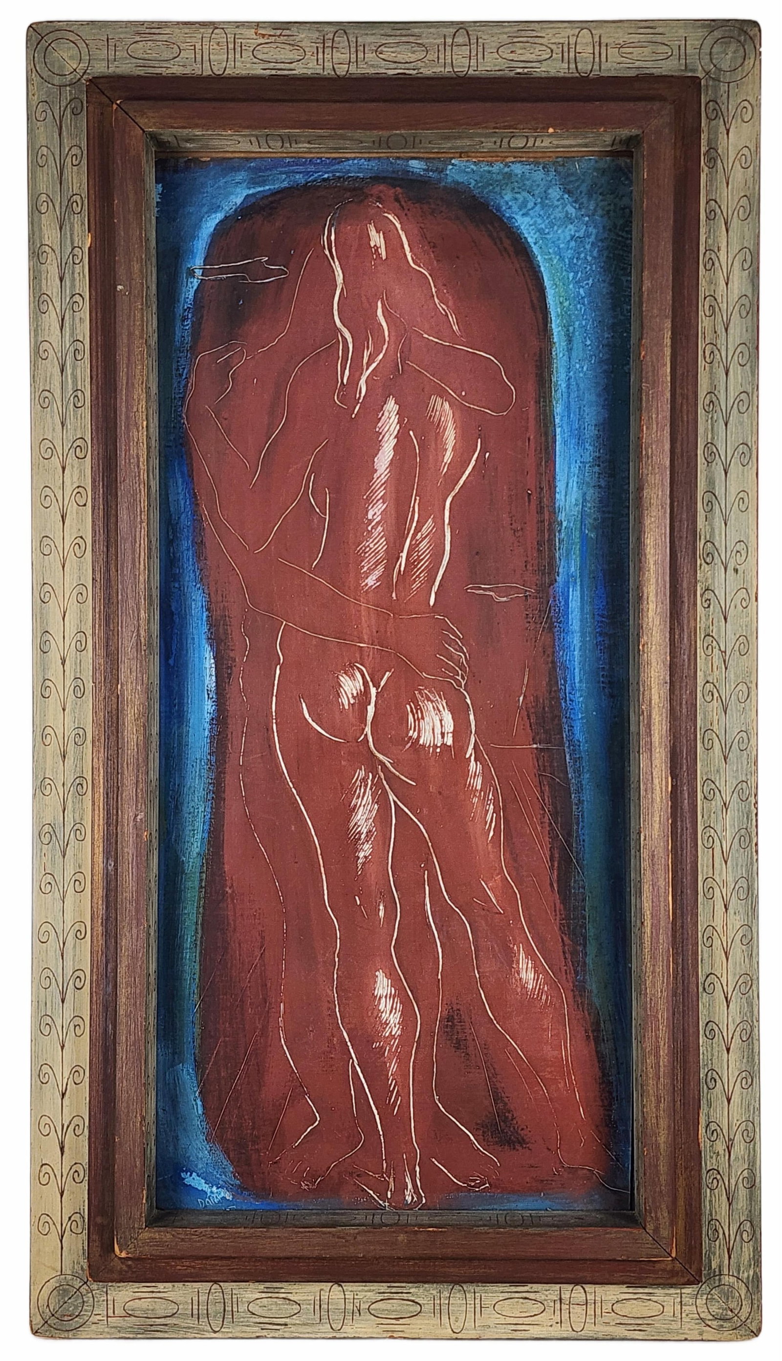 Mid Century Oil on Board Painting, The Embrace Number 2, Signed Dante and dated '43 lower left,: Mid Century Oil on Board Painting, The Embrace Number 2, Signed Dante and dated '43 lower left, Mixed media on board, 28" x 12", Framed-34" x 18 1/2"
