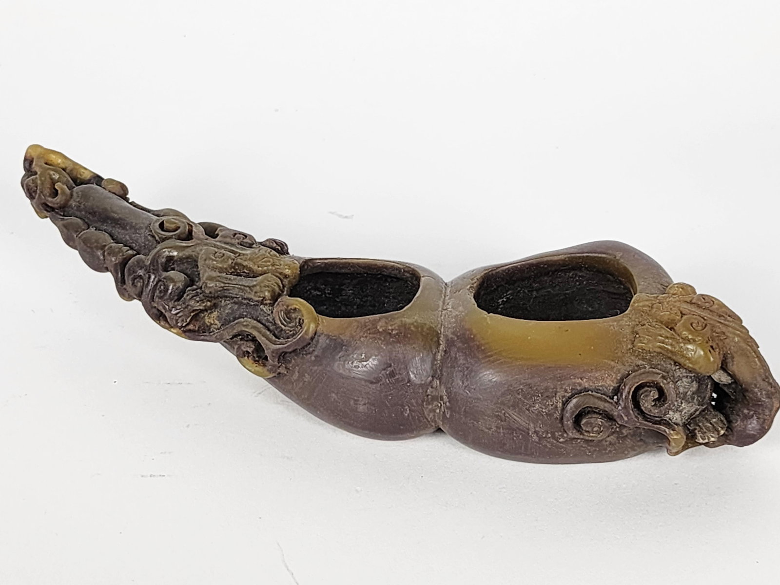 Chinese Buffalo Horn Carved Pen Washer, Late 19th Century, with carved mythical beasts, 9" L.: Chinese Buffalo Horn Carved Pen Washer, Late 19th Century, with carved mythical beasts, 9" L.