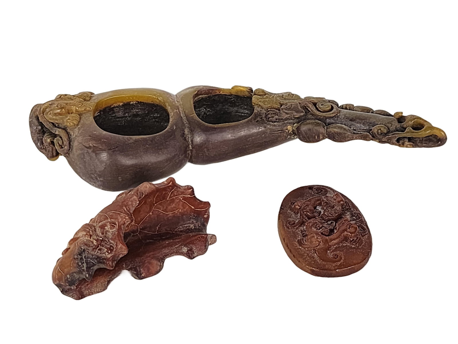 Group of Three Chinese Horn Carved Scholar's Table Objects, 20th Century, to include a Buffalo horn (1 of 7)