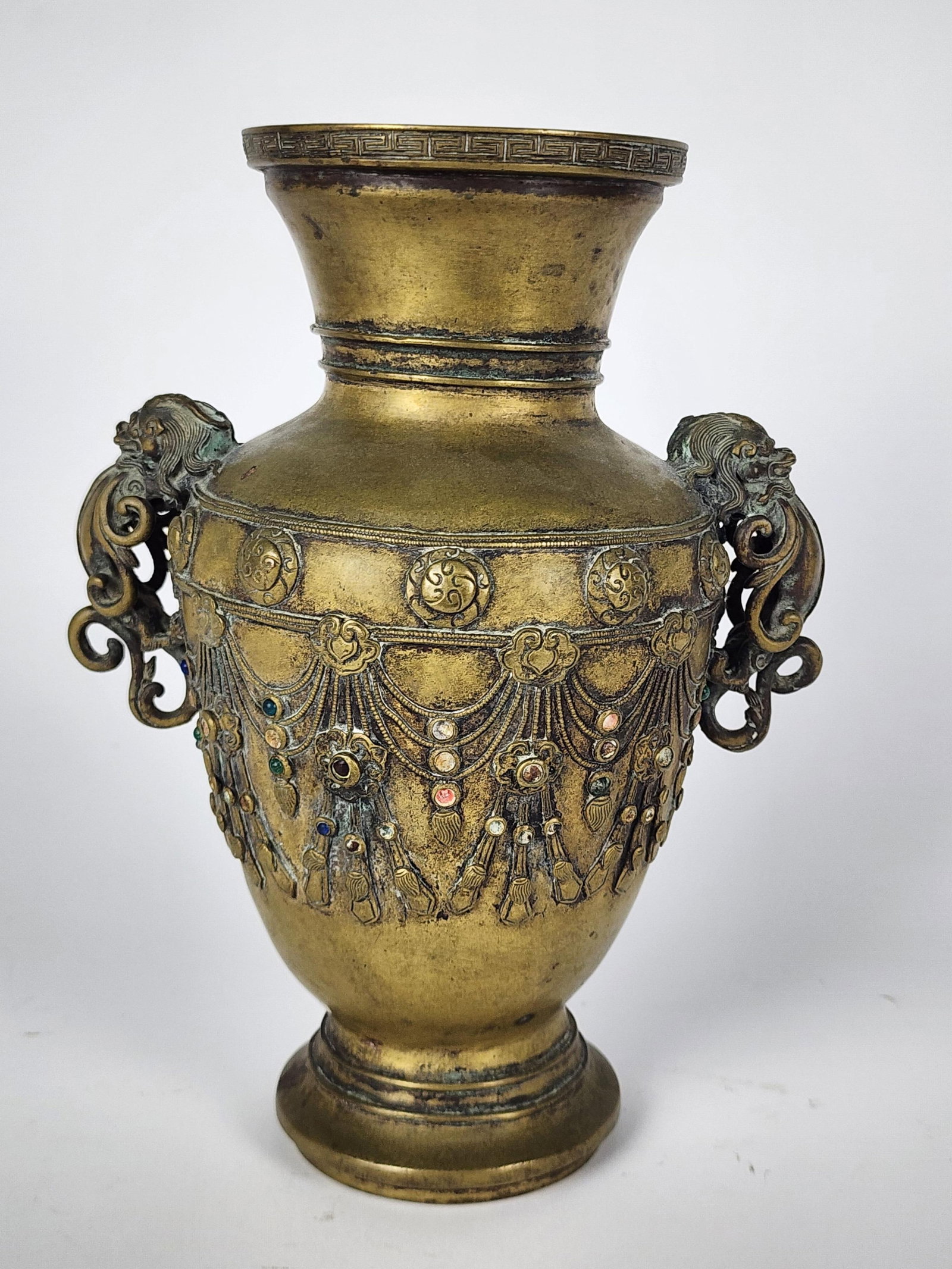 Vintage Asian Tibetan/Himalayan Bronze Urn inset with semi-precious mine cut colored stones and (1 of 8)