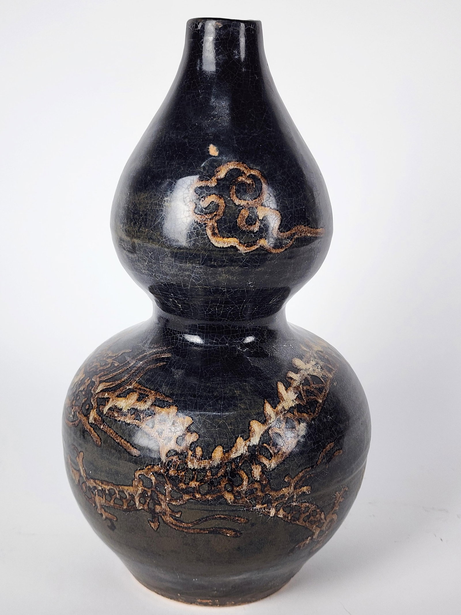 Chinese Cizhou Style Porcelain Double Gourd Black Glazed Vase with dragon and clouds, 12 3/4" h. 7" (1 of 5)