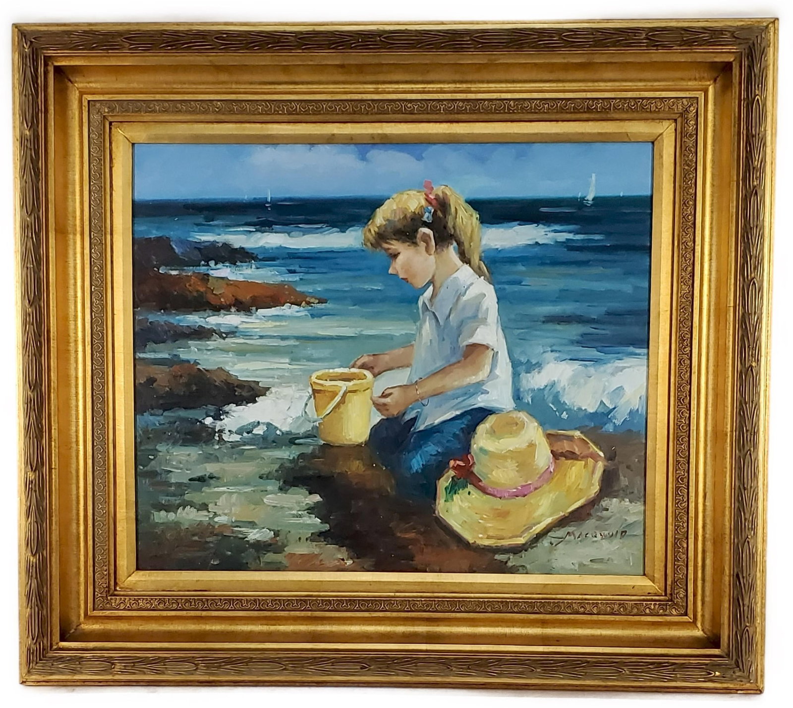 A 20th Century Oil on Canvas Painting of a Girl by the Seashore, Signed Macquoid lower right, 20" x (1 of 4)