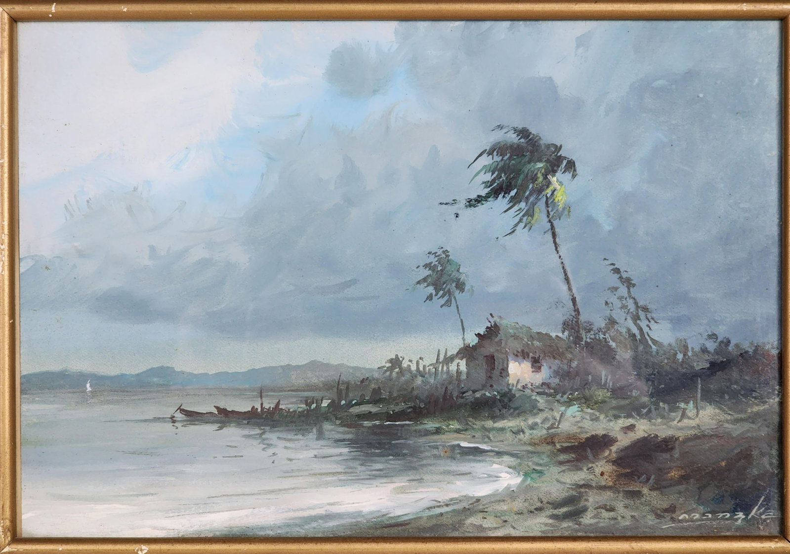 Reinaldo Manzke (Brazilian, 1906-1980) Tropical Shoreline with Palms and Shack, Signed Manzke lower (1 of 6)