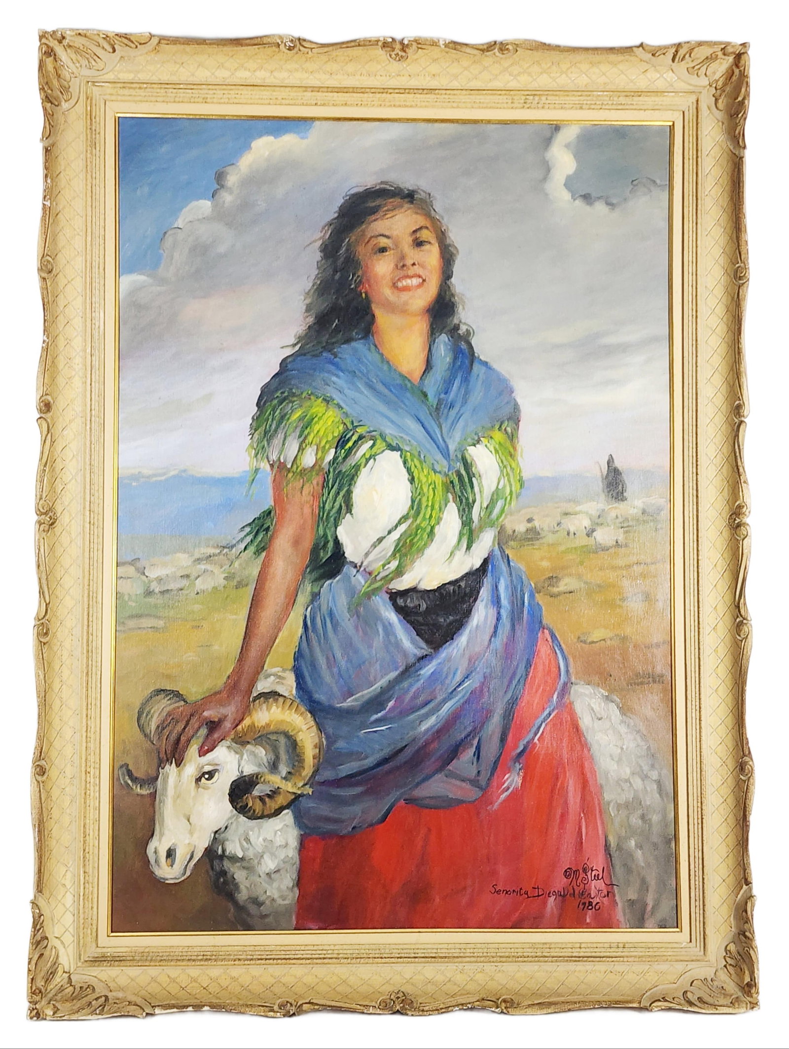 Marvin Steel (American, 1936-2024) Senorita Diega Del Castor, Signed and dated 1986 lower right, Oil: Marvin Steel (American, 1936-2024) Senorita Diega Del Castor, Signed and dated 1986 lower right, Oil on canvas, 52 3/4" x 35 1/4", Framed-59 5/8" x 44"