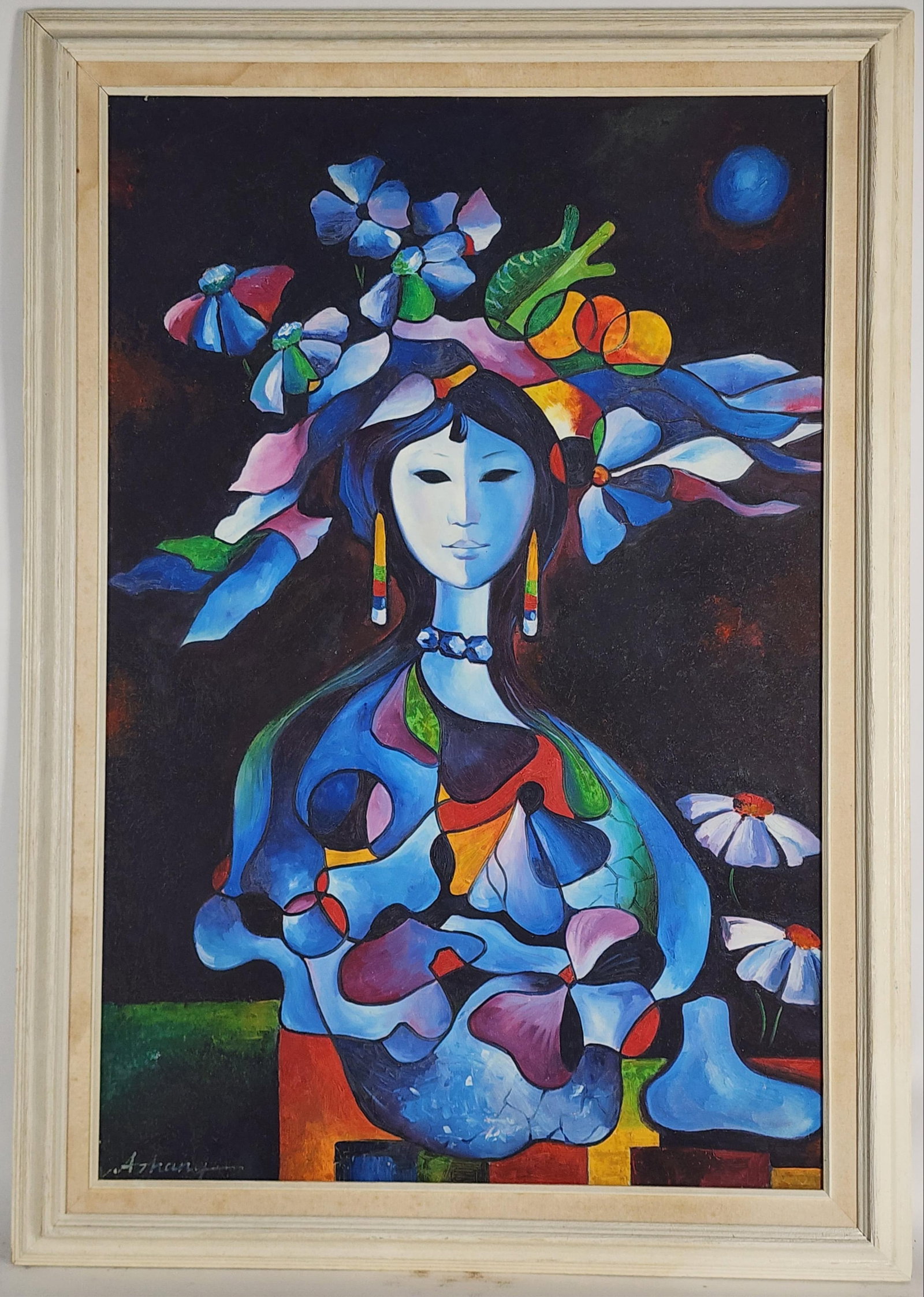 A 20th Century Southeast Asian Oil on Canvas Painting, Oriental Lady, Signed Azhany lower left, 36": A 20th Century Southeast Asian Oil on Canvas Painting, Oriental Lady, Signed Azhany lower left, 36" x 24", Framed-41" x 29"