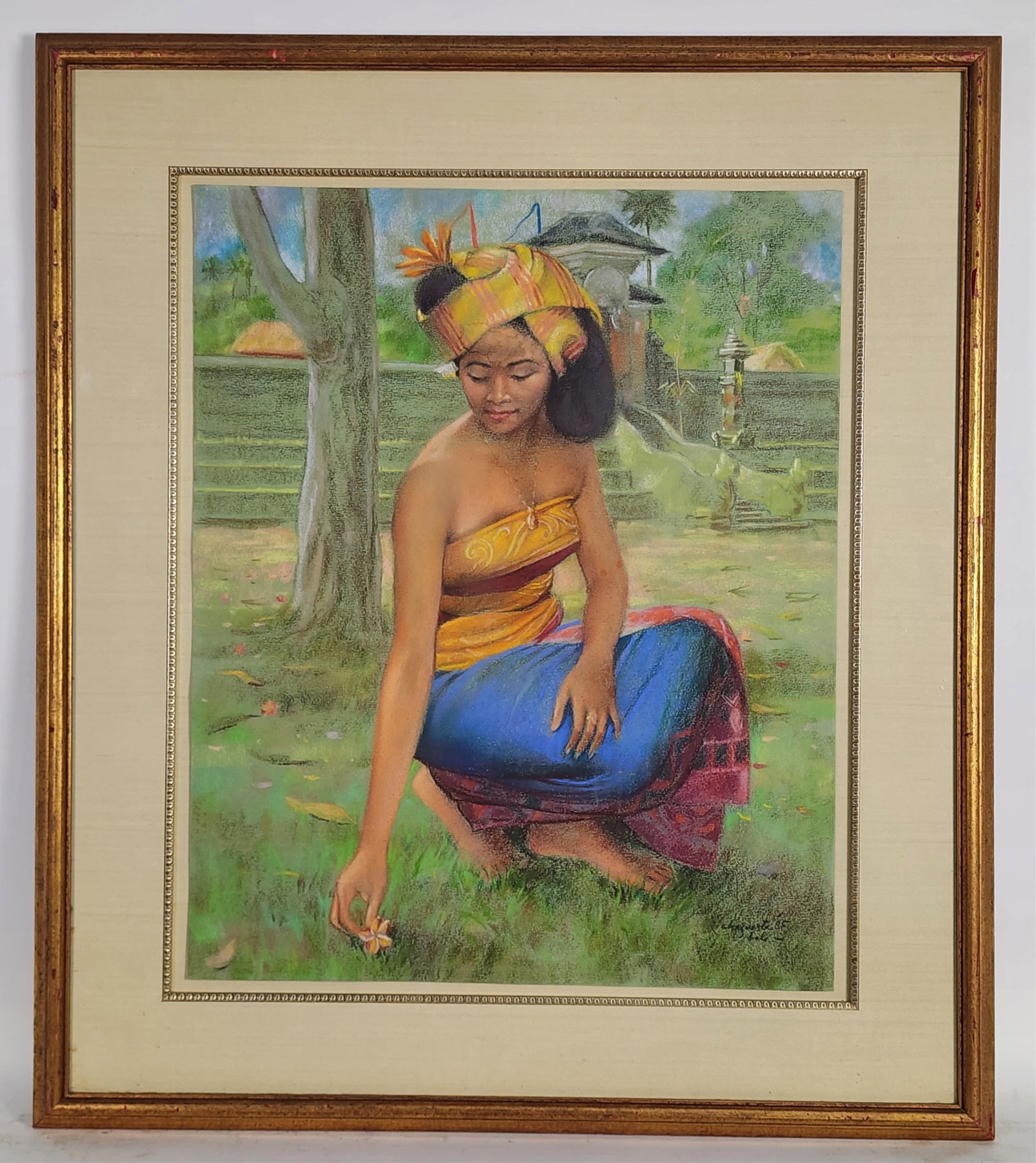 A Large 20th Century Pastel Painting on Paper of Balinese Woman, Signed, dated '85, and inscribed (1 of 6)