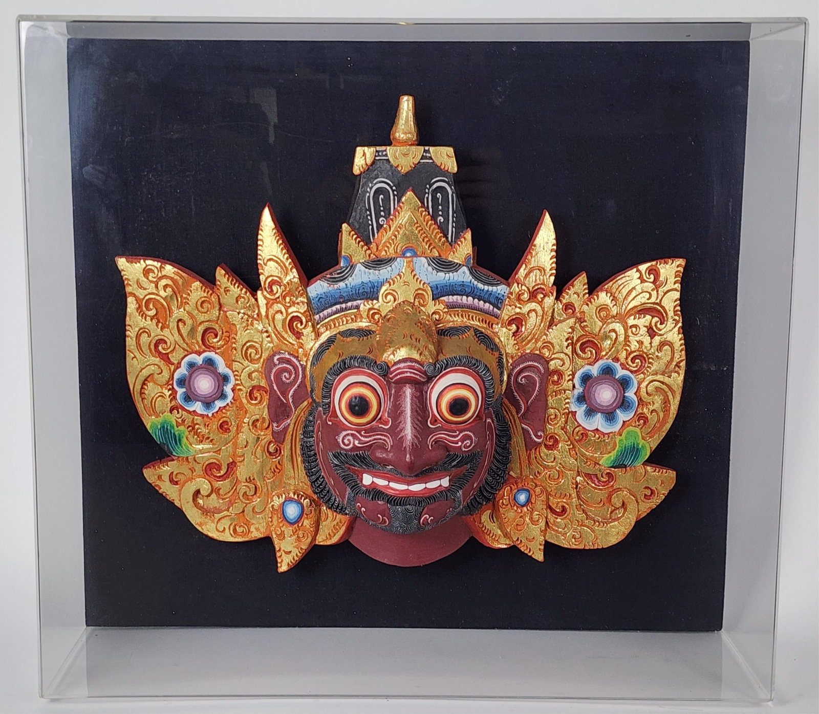 Balinese Wood Painted Mask in a Plexiglas Shadowbox, 20th Century: Balinese Wood Painted Mask in a Plexiglas Shadowbox, 20th Century