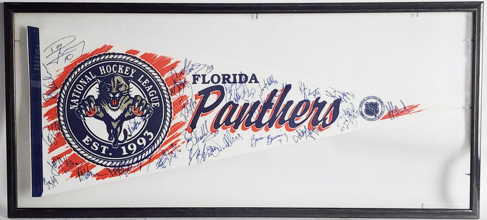 A Florida Panthers Inaugural 1993 Hockey Pennant signed by the team members in blue marker,: A Florida Panthers Inaugural 1993 Hockey Pennant signed by the team members in blue marker, Framed-15" x 32 1/2"