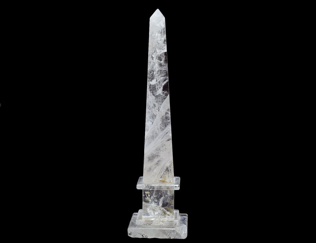 CARVED ROCK CRYSTAL OBELISK: Height 16 1/2". (Cond: chip to base corner) (100/500)