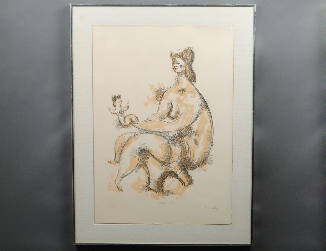 CHAIM GROSS (American. 1904-1991): "Mother Love". Signed l/r and numbered 125/300. Lithograph. Sheet measuring 29 1/2" by 20". Chrome frame. (Cond: has overall fading) (100/500)