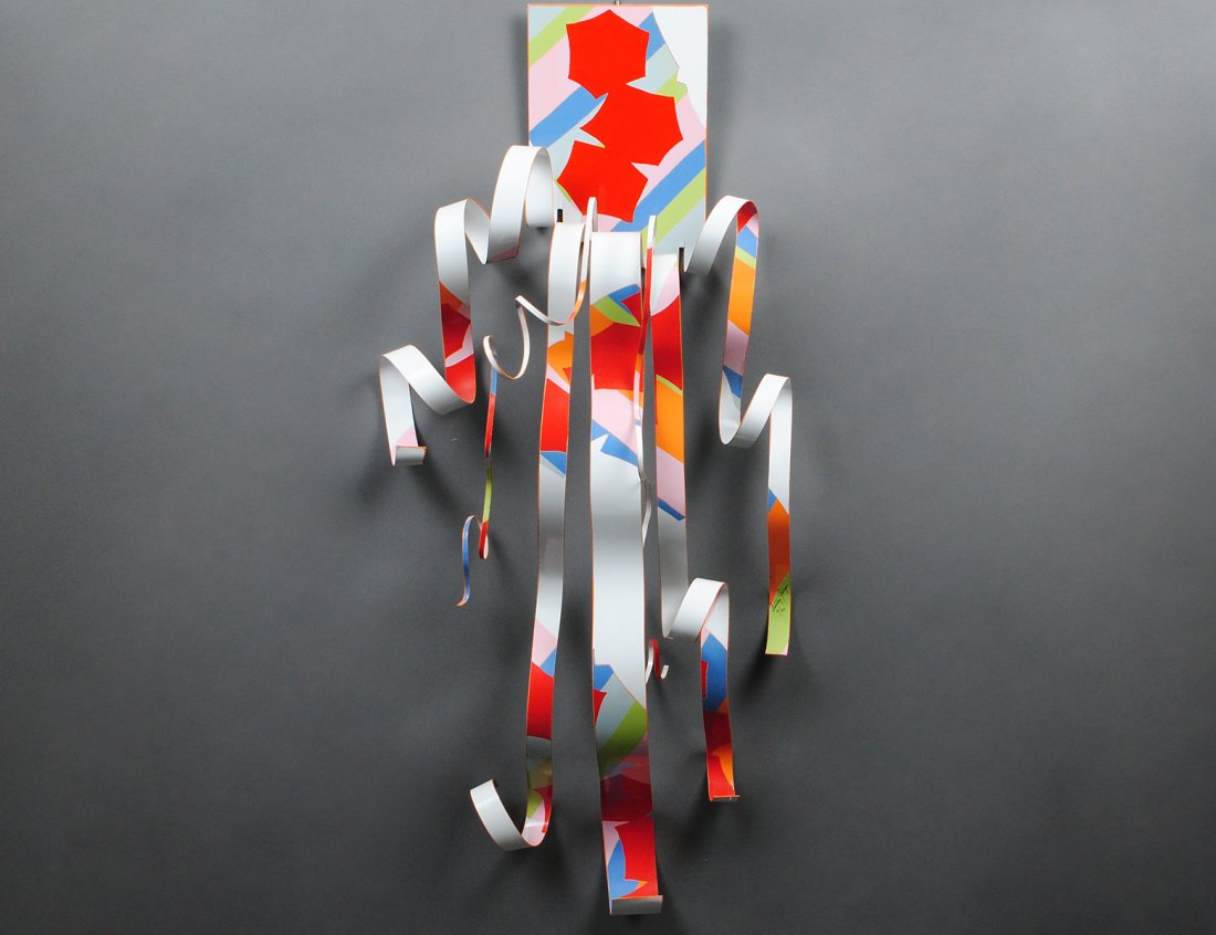 ENAMEL PAINTED METAL WALL SCULPTURE: 20th Century. Signed "Dorothy Gillespie". Limited Edition numbered 9/20. Measuring 36" by 18". (Cond: good) (100/500)