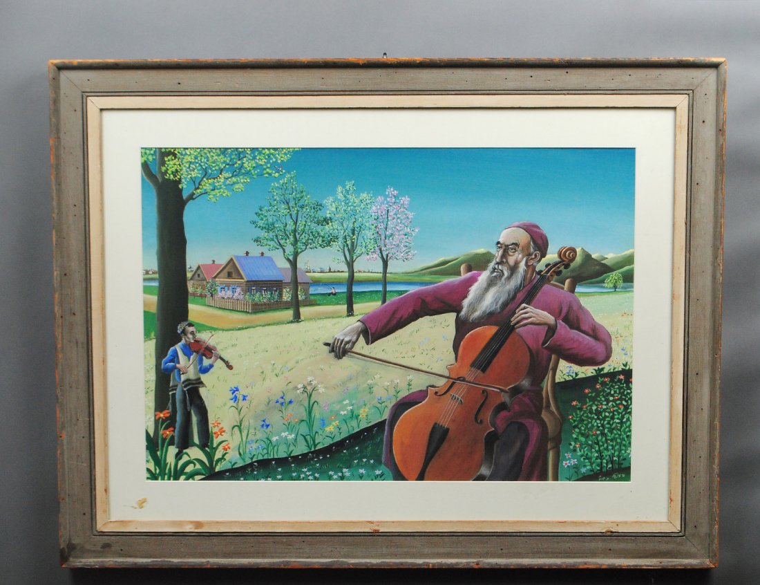 ISRAELI SCHOOL (20th Century): "Cellist and Violin Player in a Landscape". Signed in Hebrew l/r. Gouache on Board. Measuring 20 1/4" by 29 1/2". Framed. (Cond: good) (100/500)