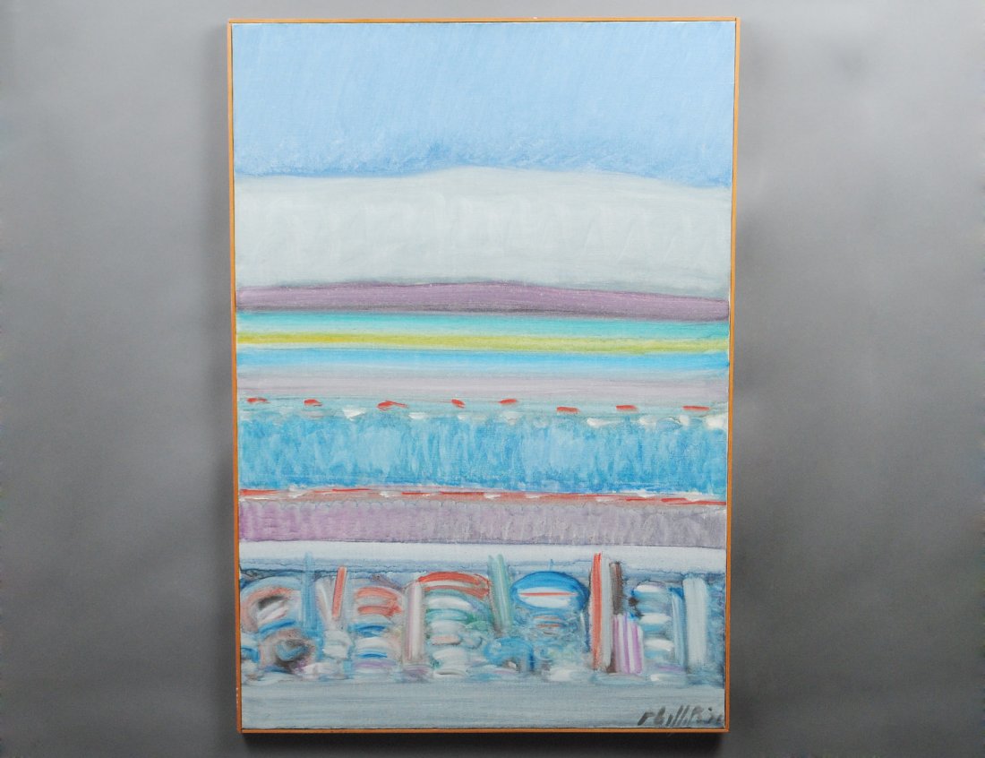 MATT PHILLIPS (American. 20th Century): "Beach". Signed and dated '76 l/r. Acrylic on Canvas. measuring 40" by 28". Framed. (Cond: good) (100/500)