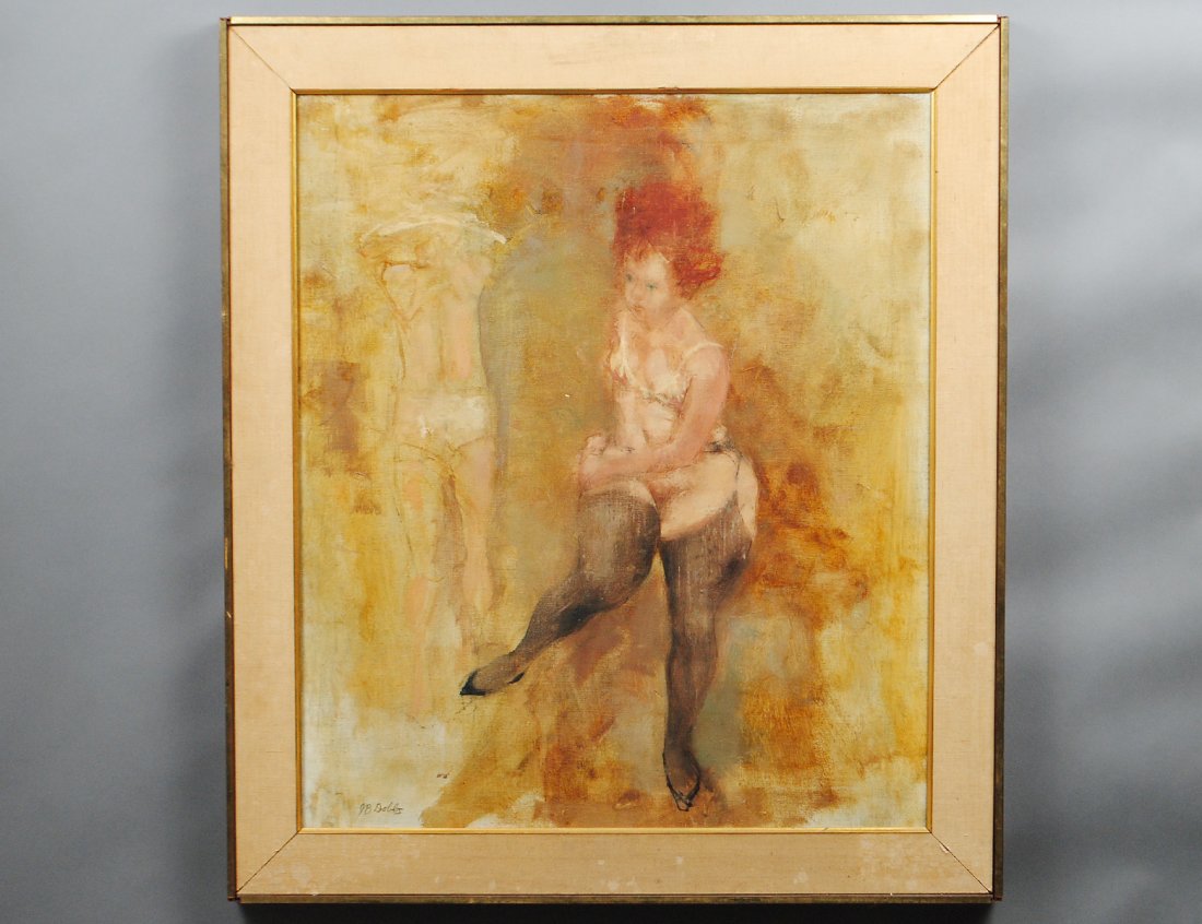 JOHN BARNES DOBBS (American. 1931-2011): "Portrait of Lady with Stockings". Signed J.B. Dobbs l/l. Oil on Canvas. Measuring 28 1/2" by 24". Framed. (Cond: good) (100/500)