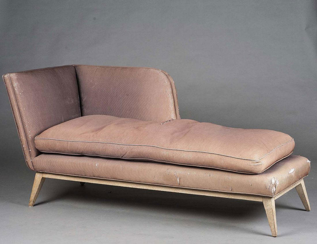 MODERNIST CHAISE LOUNGE: French. Raised on bleached oak legs. Length 66". (Cond: upholstery damaged) (100/500)