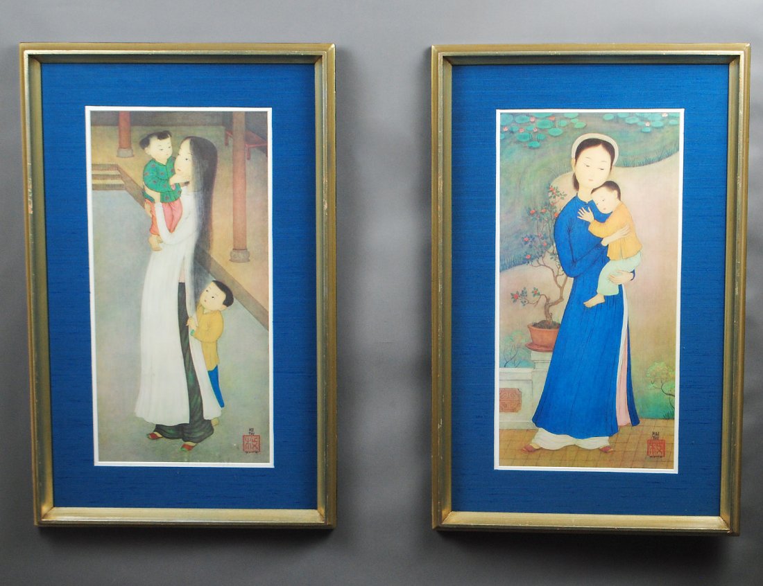 PAIR OF COLOR PRINTS OF ORIENTAL WOMEN AND CHILDREN: Signed "Mai Thu" with red chop mark. Measuring 23" by 11 3/4". Framed. (Cond: good) (100/500)