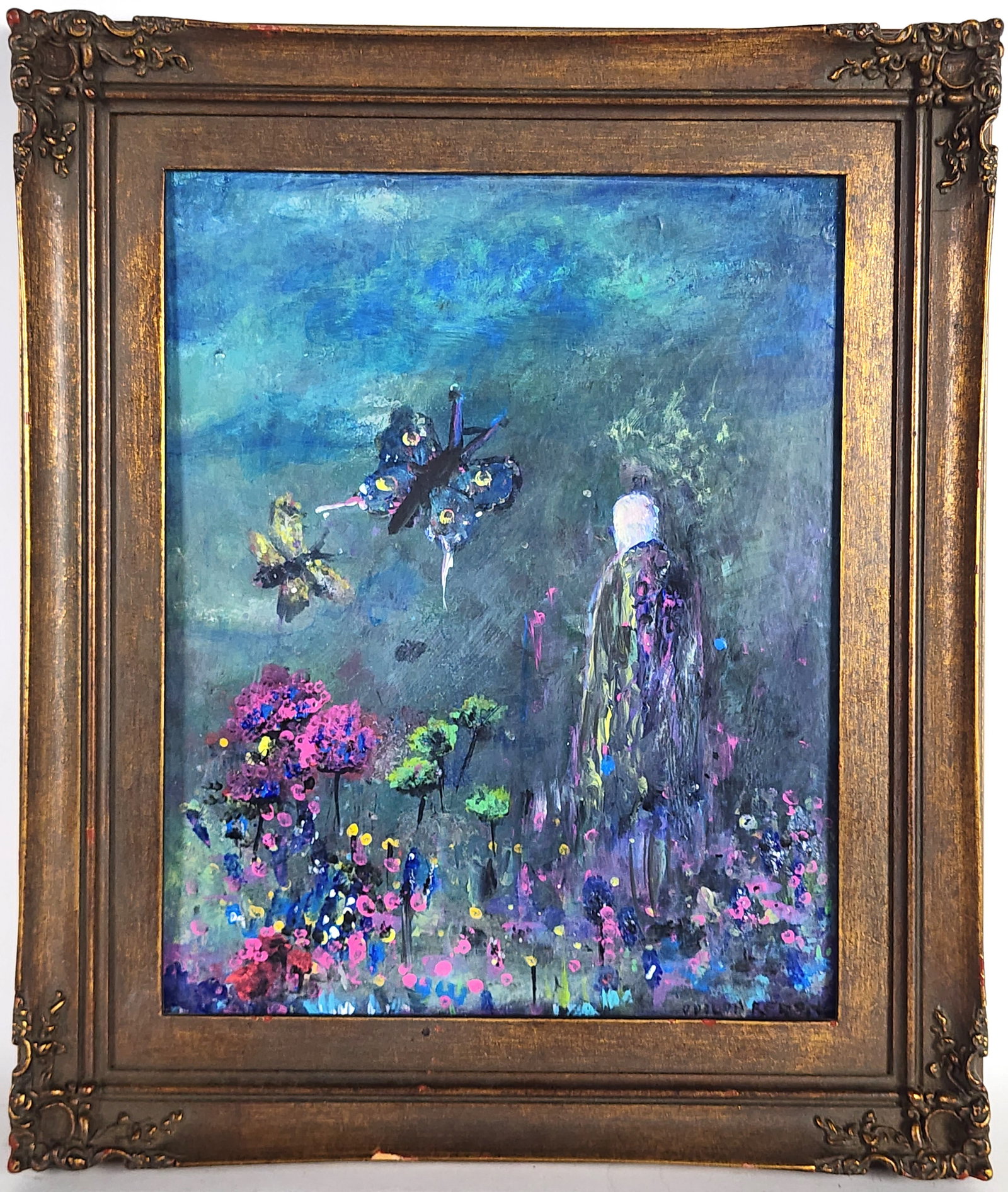 Odilon Redon (French, 1840-1916) Symbolist Figure with Butterflies, Signed Odilon Redon lower right,: Odilon Redon (French, 1840-1916) Symbolist Figure with Butterflies, Signed Odilon Redon lower right, Oil on paper mounted to the board, Verso with the Roland, Browse, and Delbanco, London gallery labe