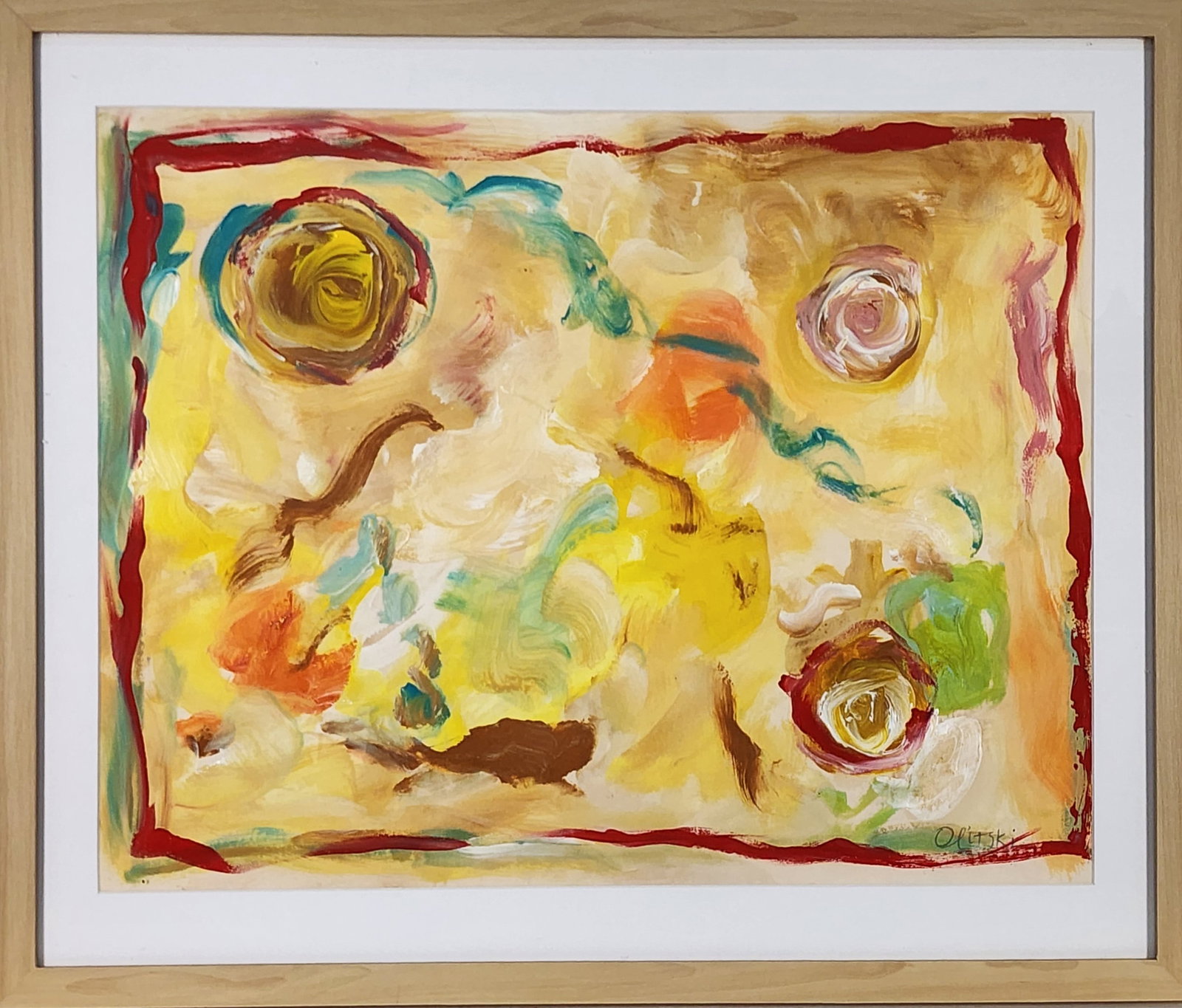 Jules Olitski (American, 1922-2007) Untitled, Signed Olitski in pencil lower right, Mixed media on: Jules Olitski (American, 1922-2007) Untitled, Signed Olitski in pencil lower right, Mixed media on paper, Sight-16 1/2" x 20 3/4", Framed-21" x 25"