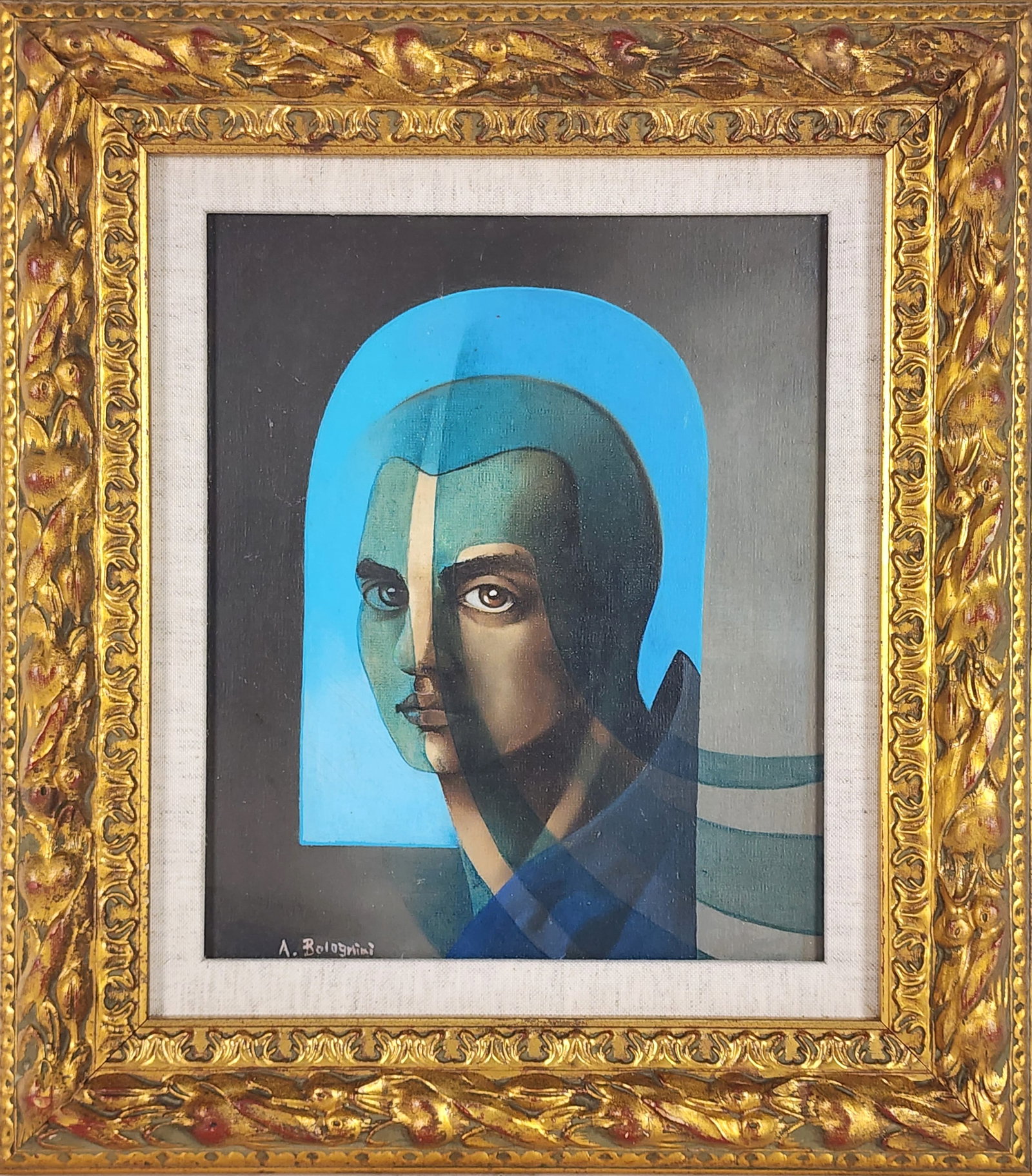 Alessandro Bolognini (Italian, 20th Century) Portrait of a Man, Signed A. Bolognini lower left, Oil: Alessandro Bolognini (Italian, 20th Century) Portrait of a Man, Signed A. Bolognini lower left, Oil on canvas on board, 12 3/8" x 10 1/2", Framed-15 3/4" x 14"