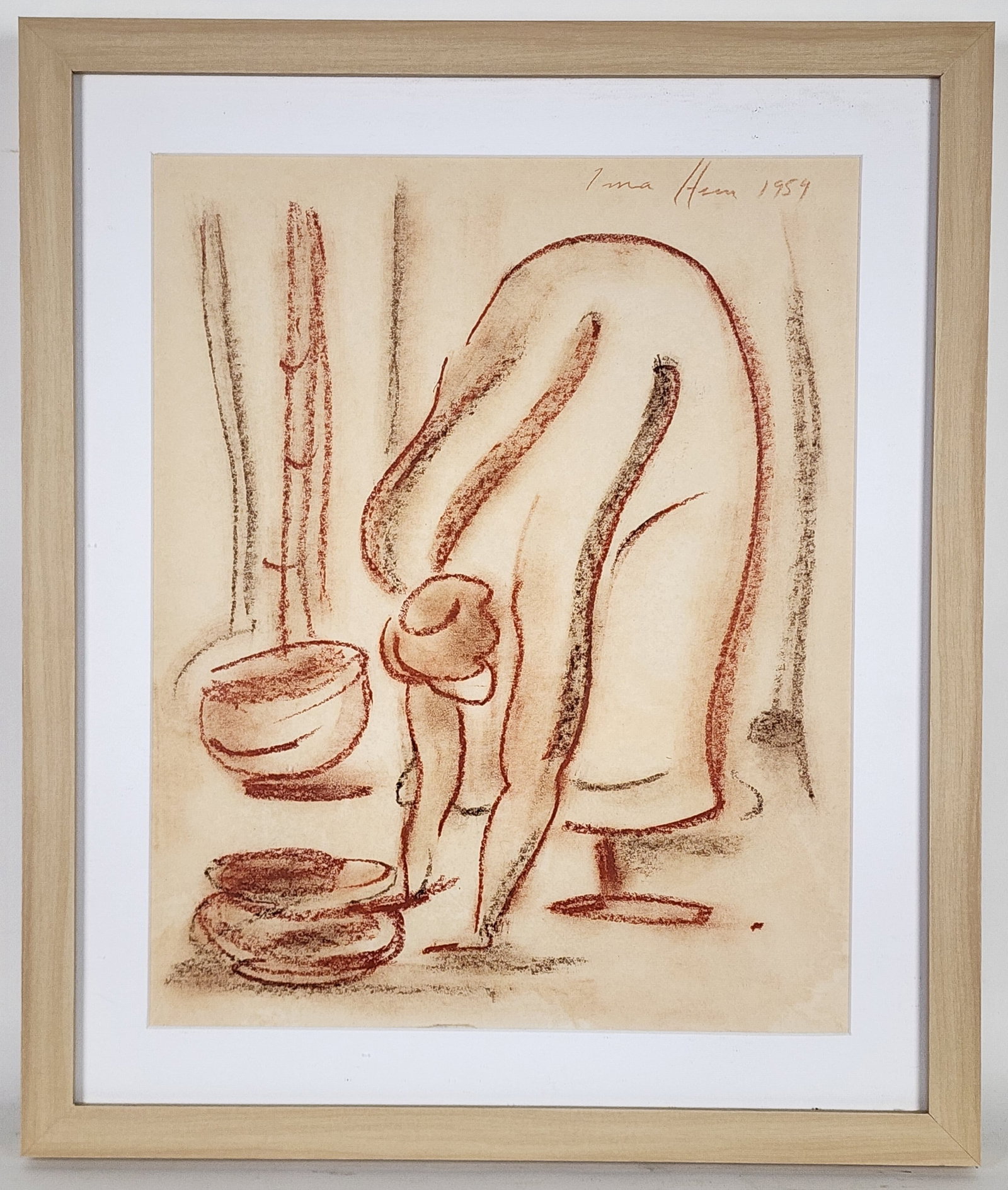 Irma Stern (South African, 1894-1966) Women with Pots, Signed and dated 1959 upper right, Sanguine: Irma Stern (South African, 1894-1966) Women with Pots, Signed and dated 1959 upper right, Sanguine and charcoal on paper, Sight-14 1/4" x 11 5/8", Framed-18 1/2" x 15 3/4"