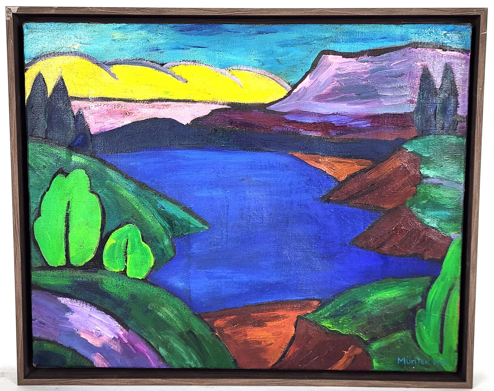 Gabriele Munter (German, 1877-1962) Lake Staffel, Signed Munter and dated 1954 lower right, Oil on: Gabriele Munter (German, 1877-1962) Lake Staffel, Signed Munter and dated 1954 lower right, Oil on canvas, 16" x 20", Framed-17 1/2" x 21 1/2"