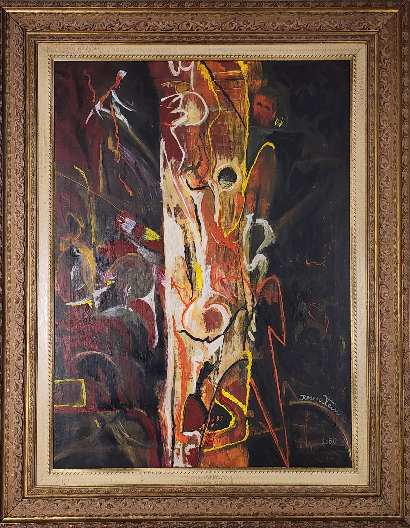 Erna Rosenstein (Polish, 1913-2004) Untitled, Signed Rosenstein and dated 1960 lower right, Oil on: Erna Rosenstein (Polish, 1913-2004) Untitled, Signed Rosenstein and dated 1960 lower right, Oil on canvas, 37 3/4" x 28", Framed-48 1/2" x 38 1/2", Note: Rosenstein a Jewish survivor of the Holocaust 