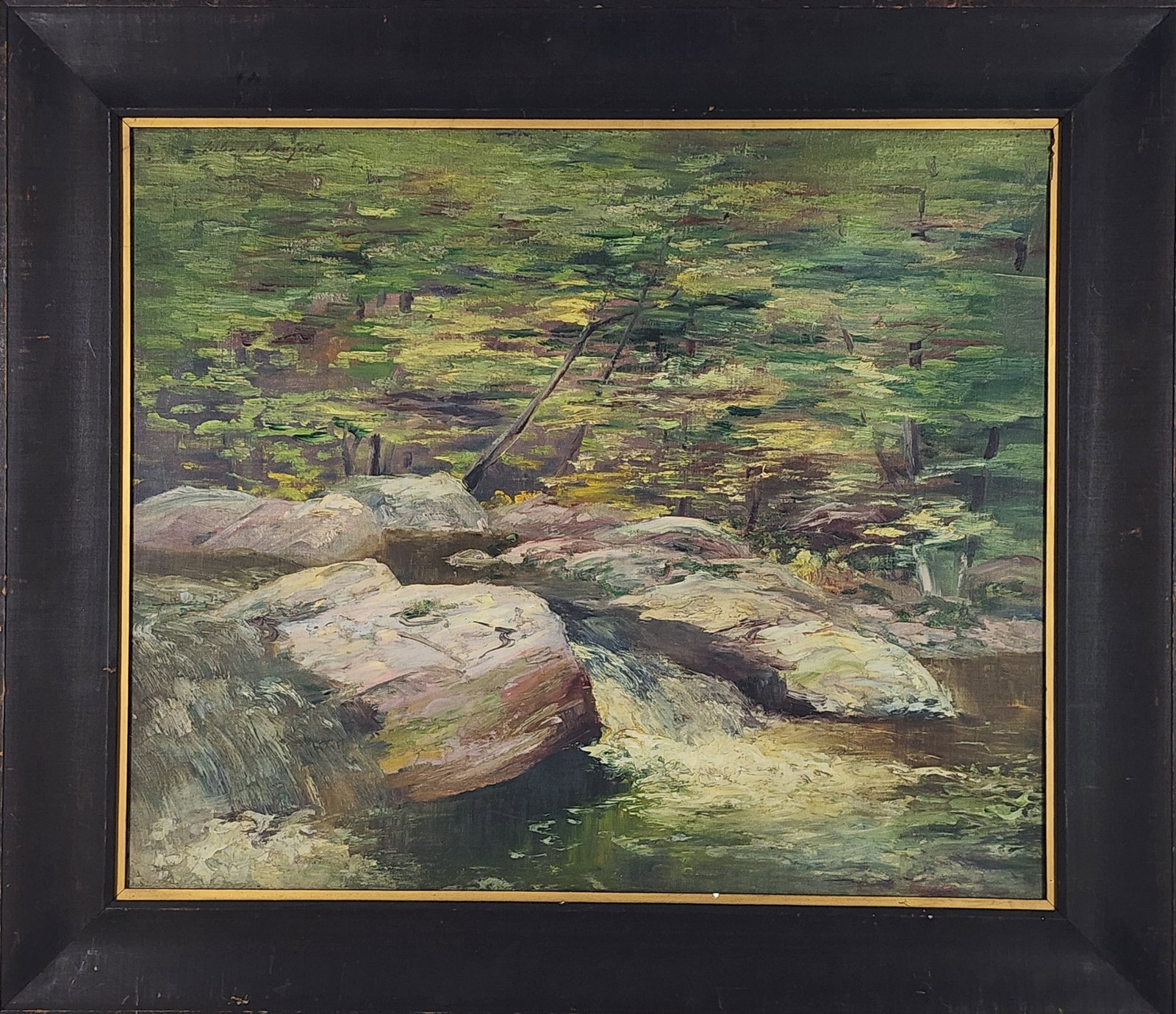 John Singer Sargeant (American, 1856-1925) Attributed to, Brook Landscape, Signed John S. Sargent: John Singer Sargeant (American, 1856-1925) Attributed to, Brook Landscape, Signed John S. Sargent upper left, Oil on canvas, 20" x 24", Framed-26 1/4" x 30 1/4", Note; Sargent painted his famous brook