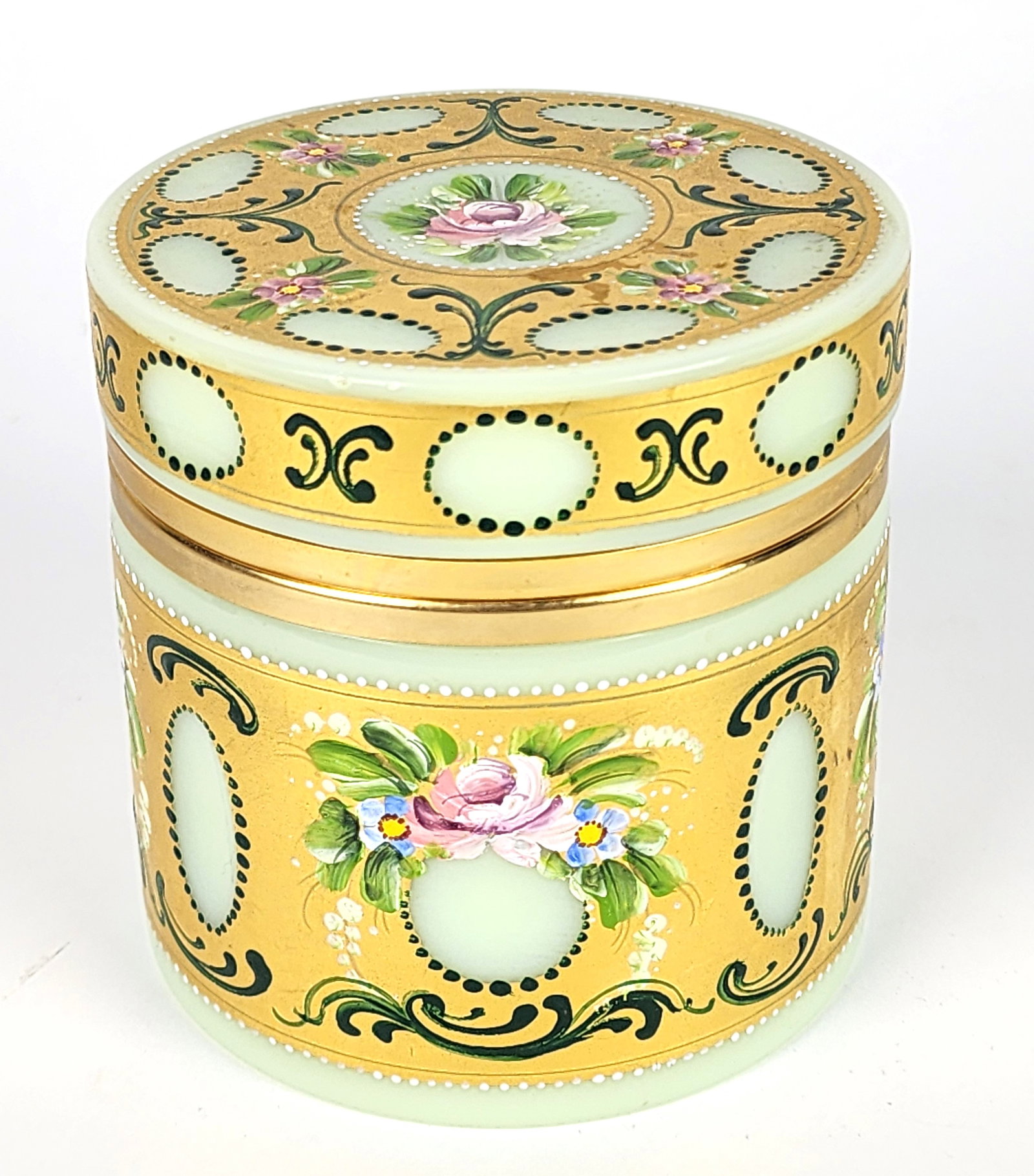 French Late 19th Century Opaline Glass Painted Hinged Round Box, enamel painted with flower heads, 4: French Late 19th Century Opaline Glass Painted Hinged Round Box, enamel painted with flower heads, 4 1/2" h. 4 1/4" dia.