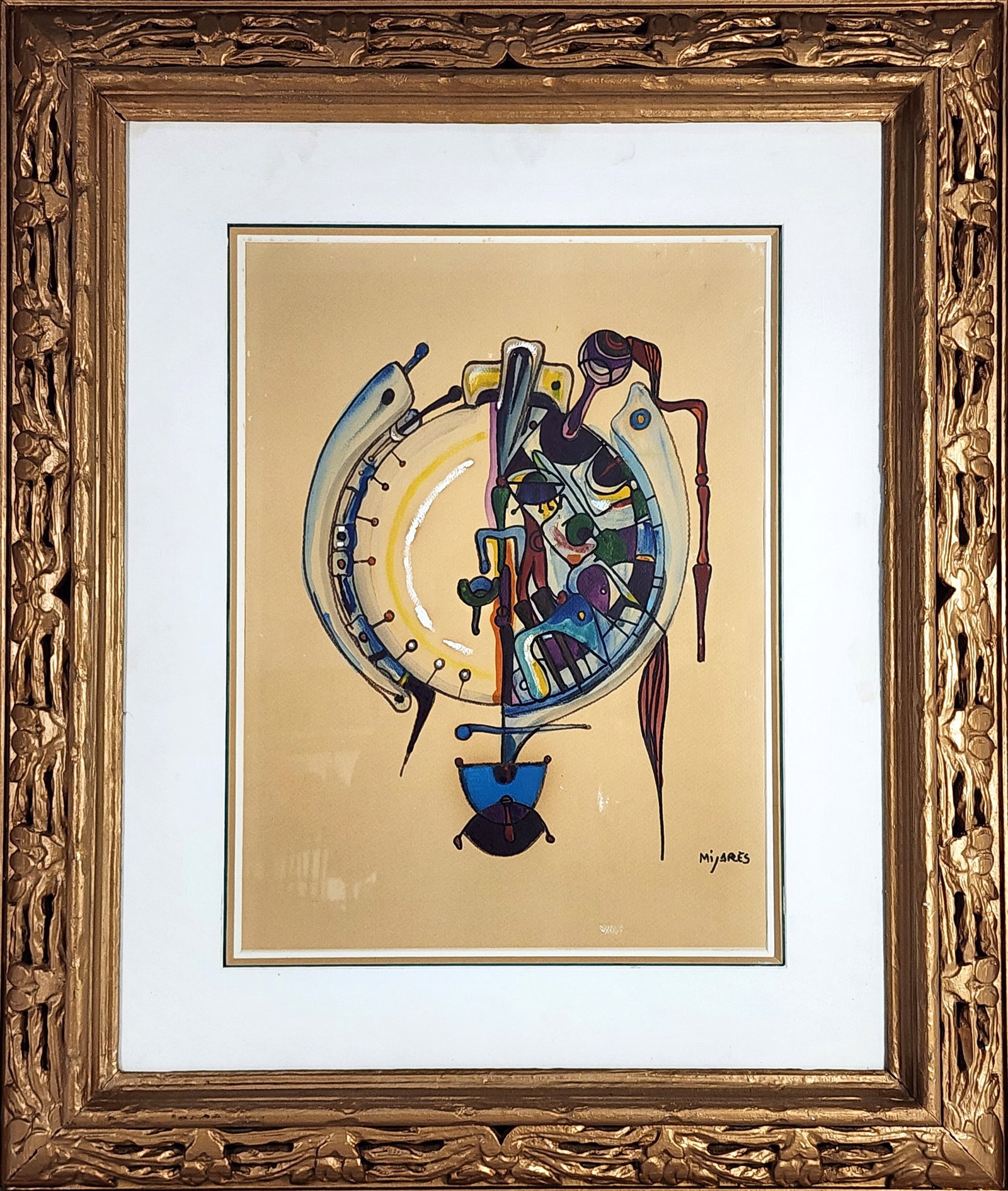 Jose Mijares (Cuban, 1921-2004) Untitled, Signed Mijares, Mixed Media on paper, Sight-24" x 17 3/4",: Jose Mijares (Cuban, 1921-2004) Untitled, Signed Mijares, Mixed Media on paper, Sight-24" x 17 3/4", Framed-38 3/4" x 33"