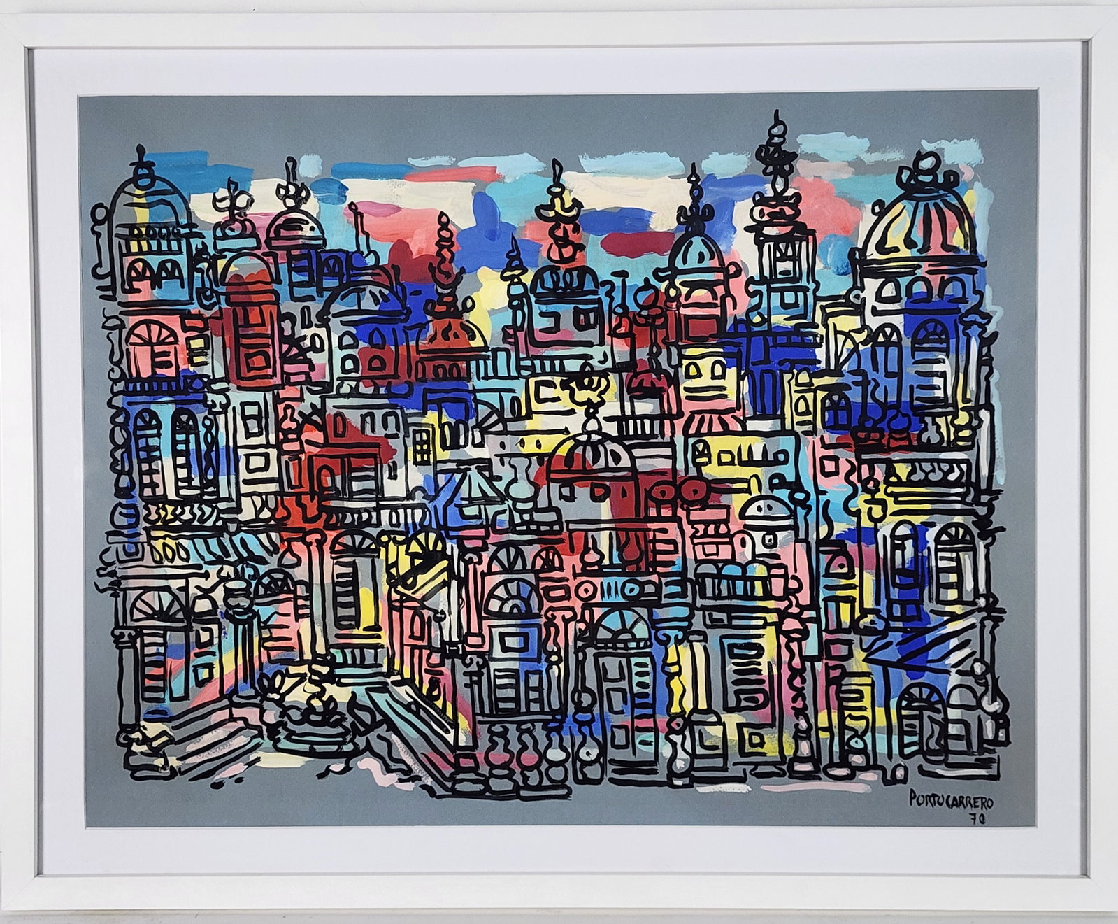 Rene Portocarrero (Cuban, 1912-1990) Paisajes de La Habana, Signed Portocarrero '70 lower right,: Rene Portocarrero (Cuban, 1912-1990) Paisajes de La Habana, Signed Portocarrero '70 lower right, Mixed Media on paper, Sight-19 1/2" x 25 1/4", Framed-23 1/2" x 29 1/2"