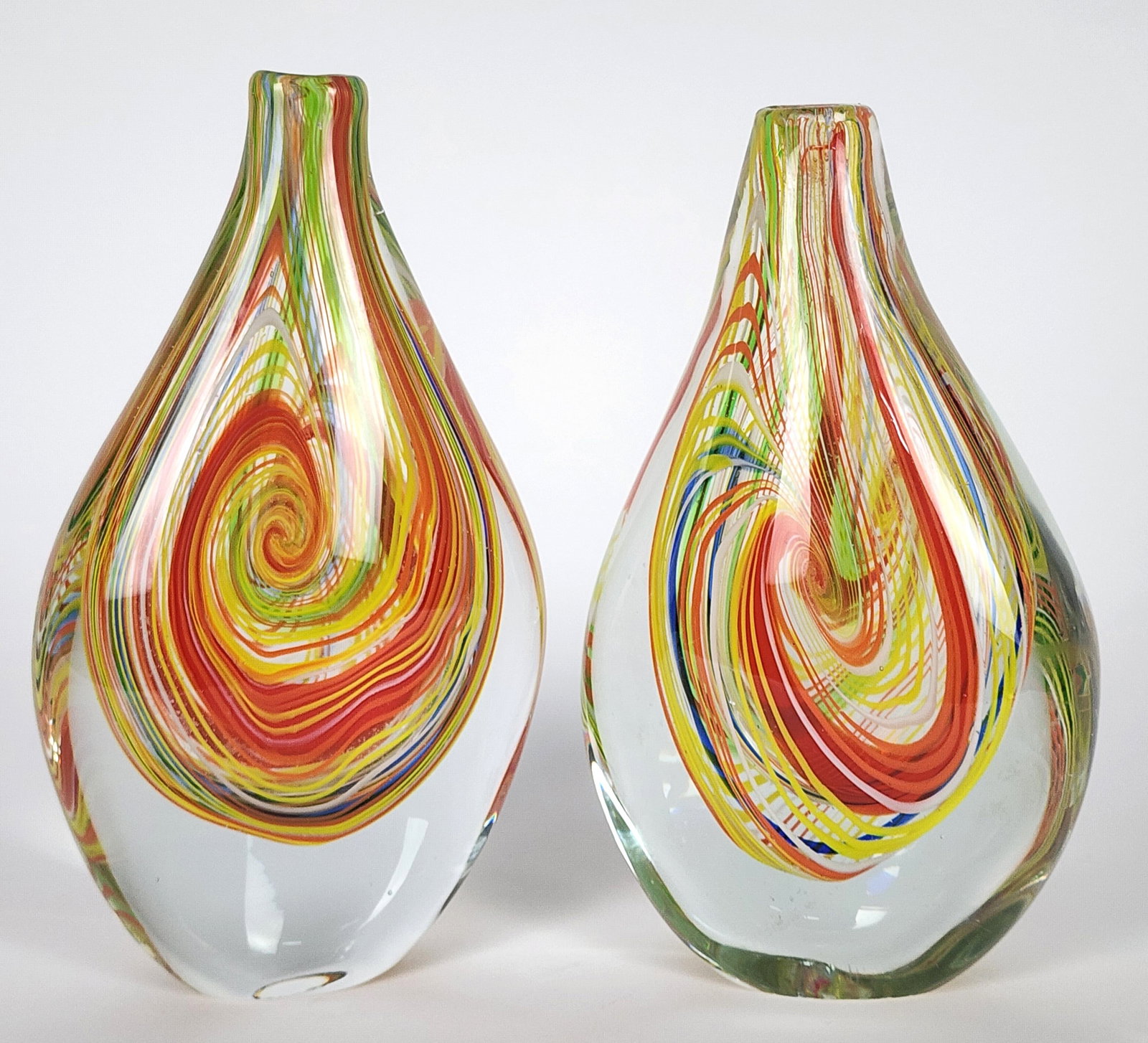 Pair of Contemporary Italian Murano Glass Vases with multi color swirl pattern, unsigned, 11 3/4" h.: Pair of Contemporary Italian Murano Glass Vases with multi color swirl pattern, unsigned, 11 3/4" h. 6 3/4" w.