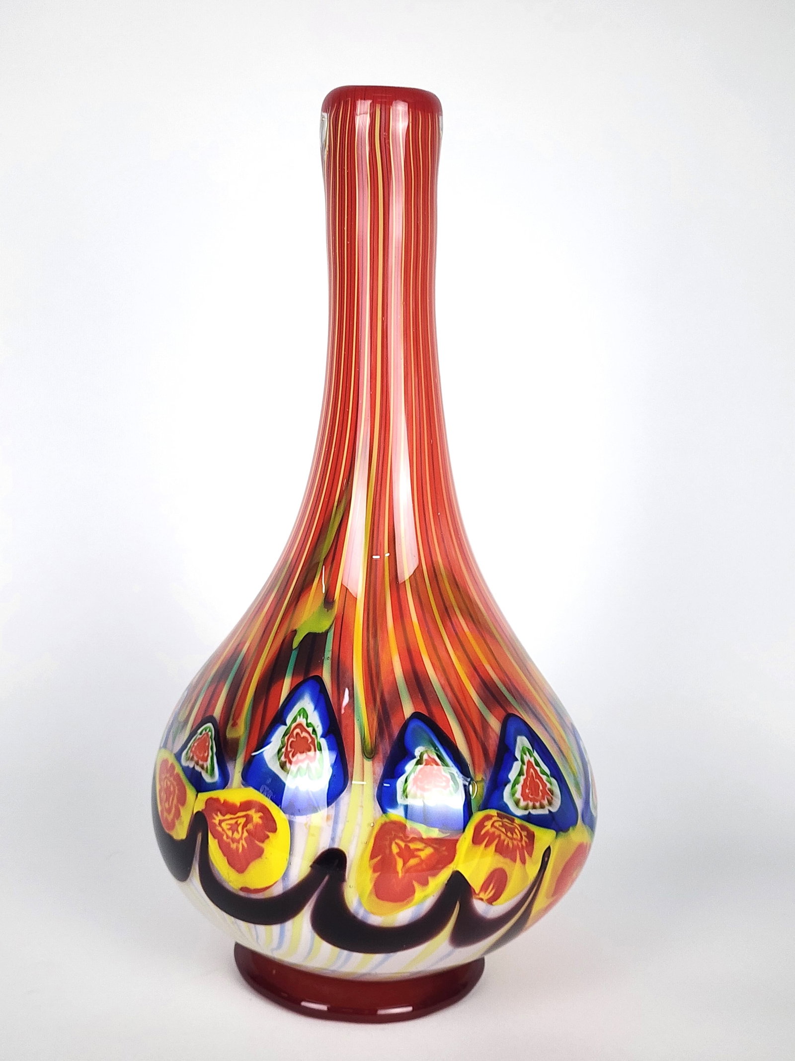 A 20th Century Murano Studio Glass Vase, orange with pulled feathers and swirls, unsigned, 16 1/2" (1 of 6)