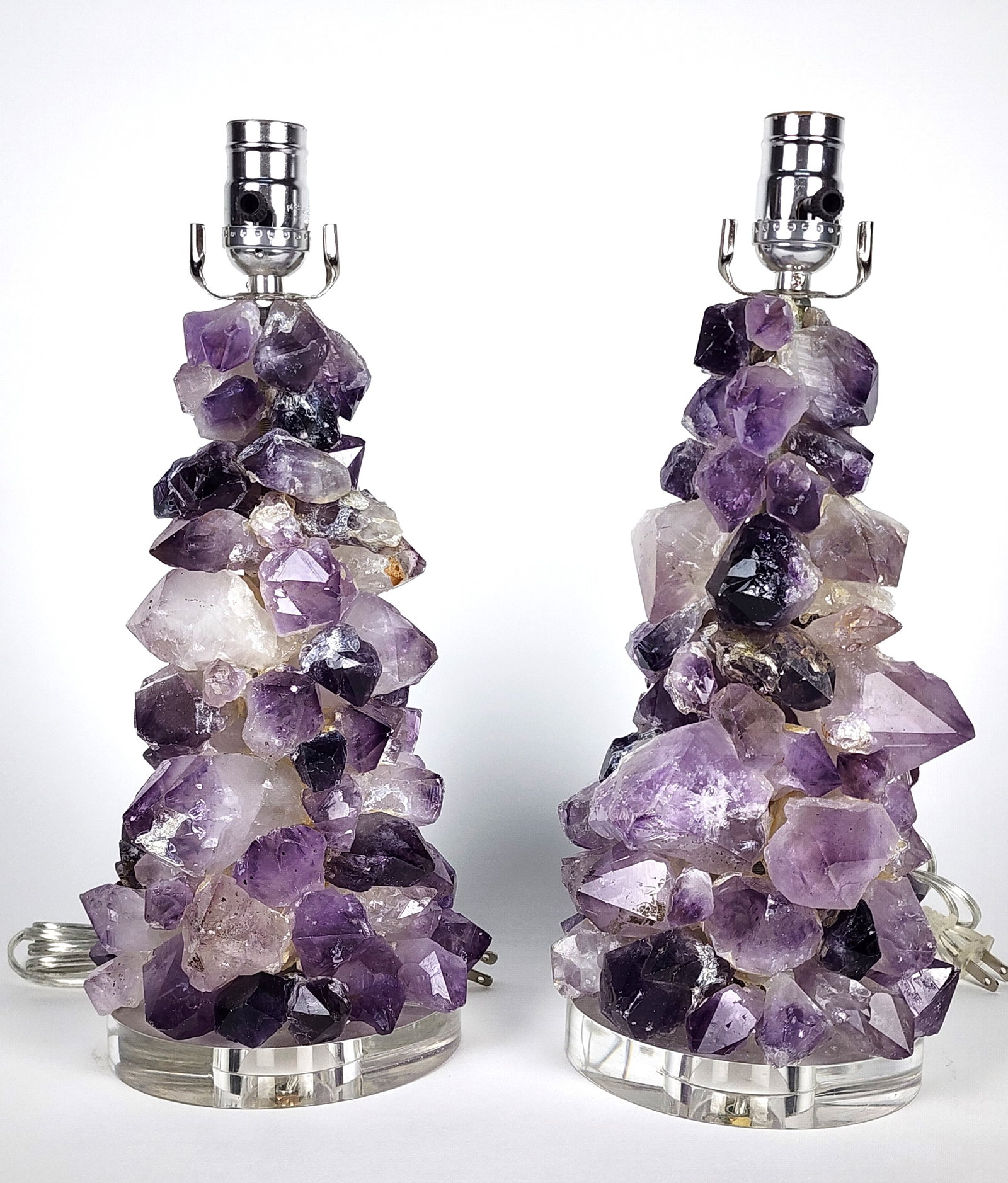Pair Contemporary Amethyst Crystal Table Lamps on lucite bases, 15" h. 6 1/2" w.: Pair Contemporary Amethyst Crystal Table Lamps on lucite bases, 15" h. 6 1/2" w.