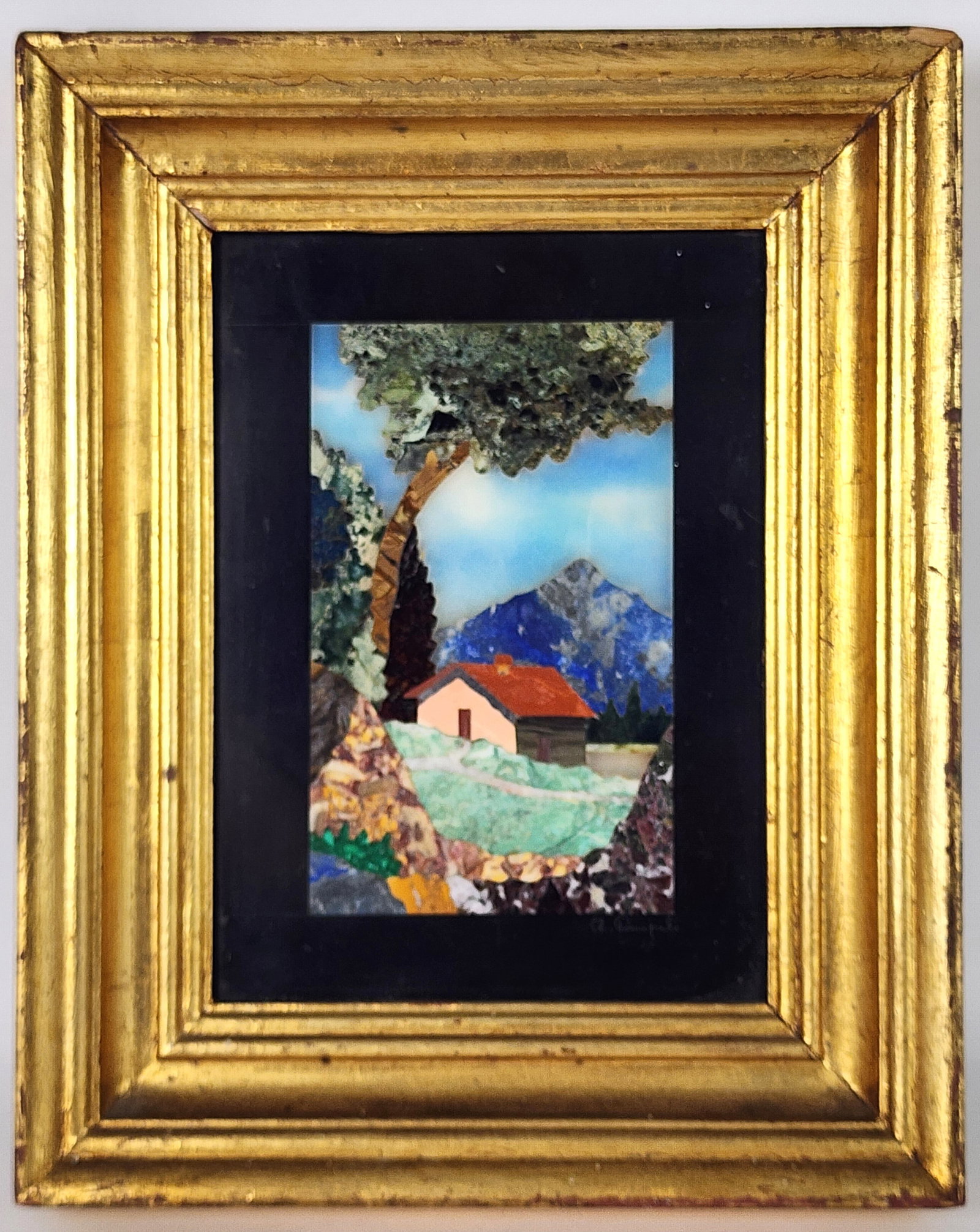 Italian Pietra Dura Plaque of a Lanscape with House, 20th Century, 8 3/4" x 6 1/4", Framed-12" x 9 (1 of 4)