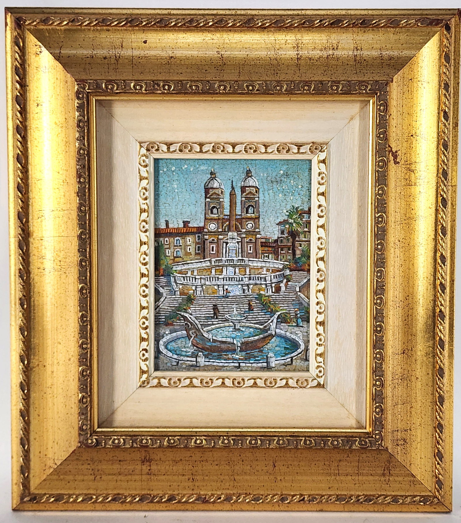 Italian Mosaic Panel of the Spanish Steps, Rome, 6" x 4 1/2", Framed-13 3/4" x 12 1/4" (1 of 5)