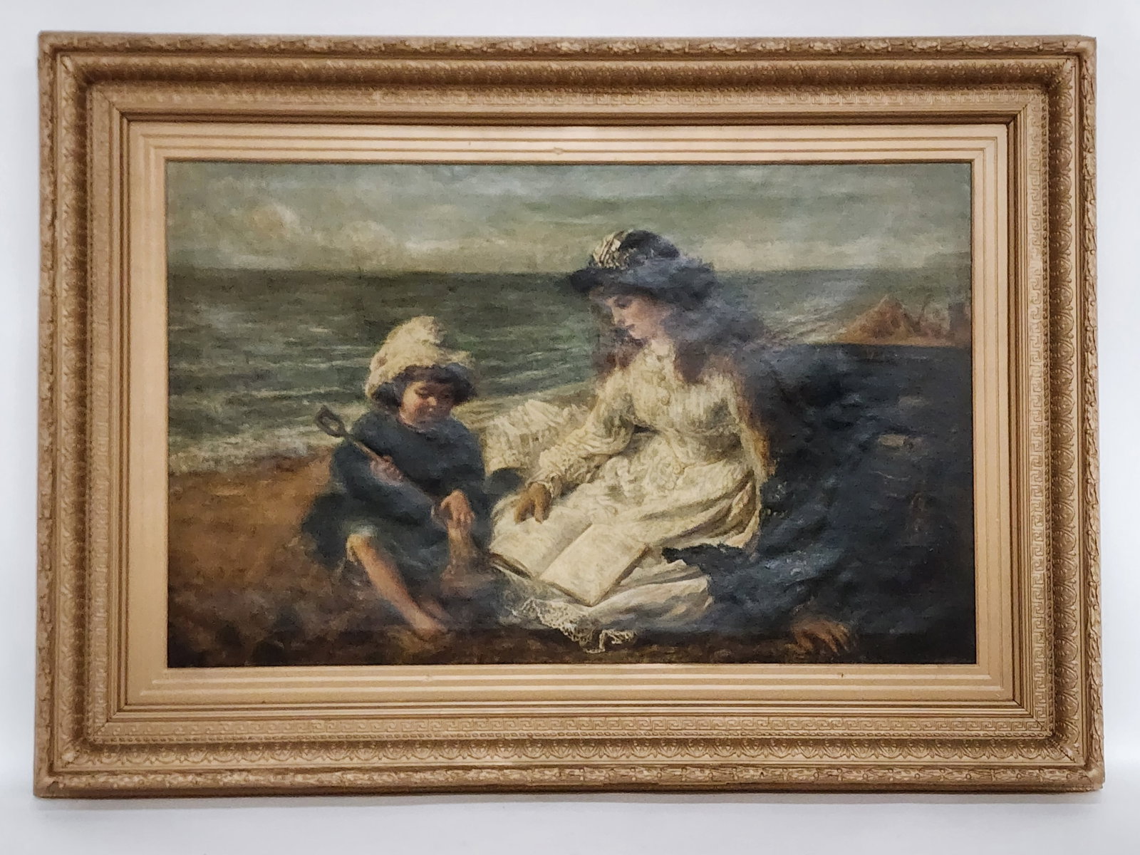 John Alexander Vinter (English, 1828-1905) Mother and Daughter by the Sea, Signed J. A. Vinter, Oil: John Alexander Vinter (English, 1828-1905) Mother and Daughter by the Sea, Signed J. A. Vinter, Oil on canvas, 25" x 39 1/2", Framed-37" x 51 1/2"